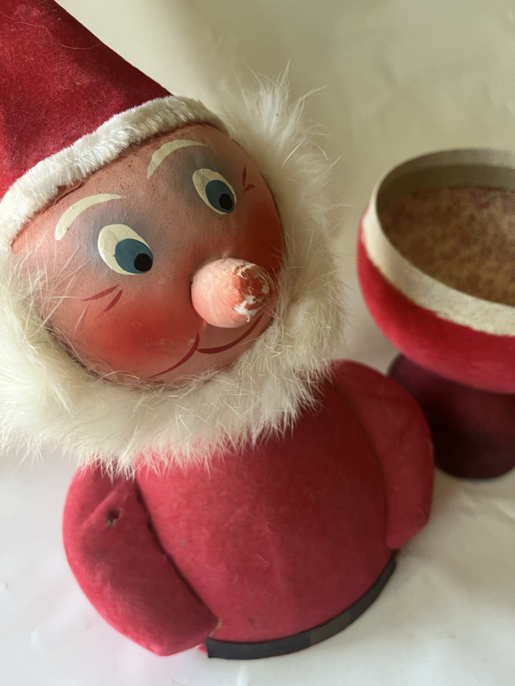 1946 WEST GERMANY 7” SANTA FIGURAL CANDY CONTAINER CHRISTMAS Flocked Paper Mache