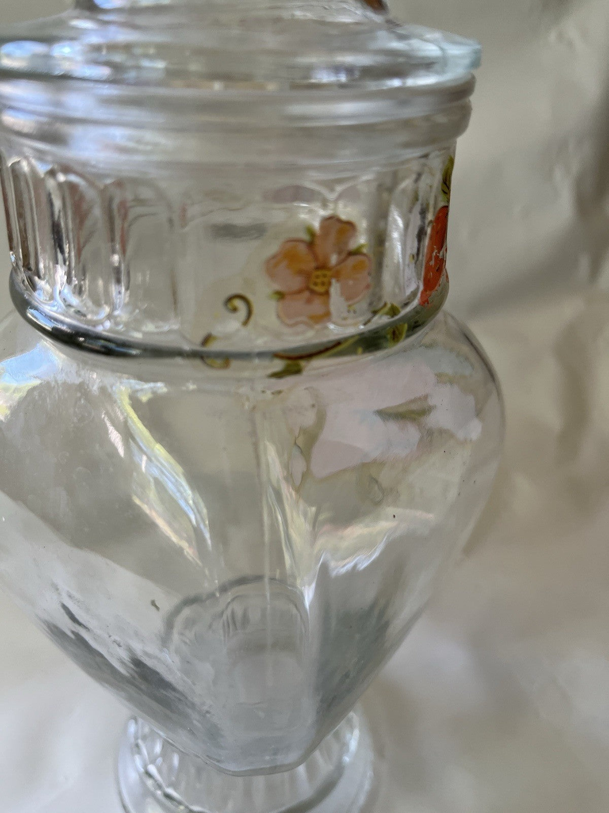 Vintage MCM 8” Tall Glass Jar With Strawberry Details And Lid