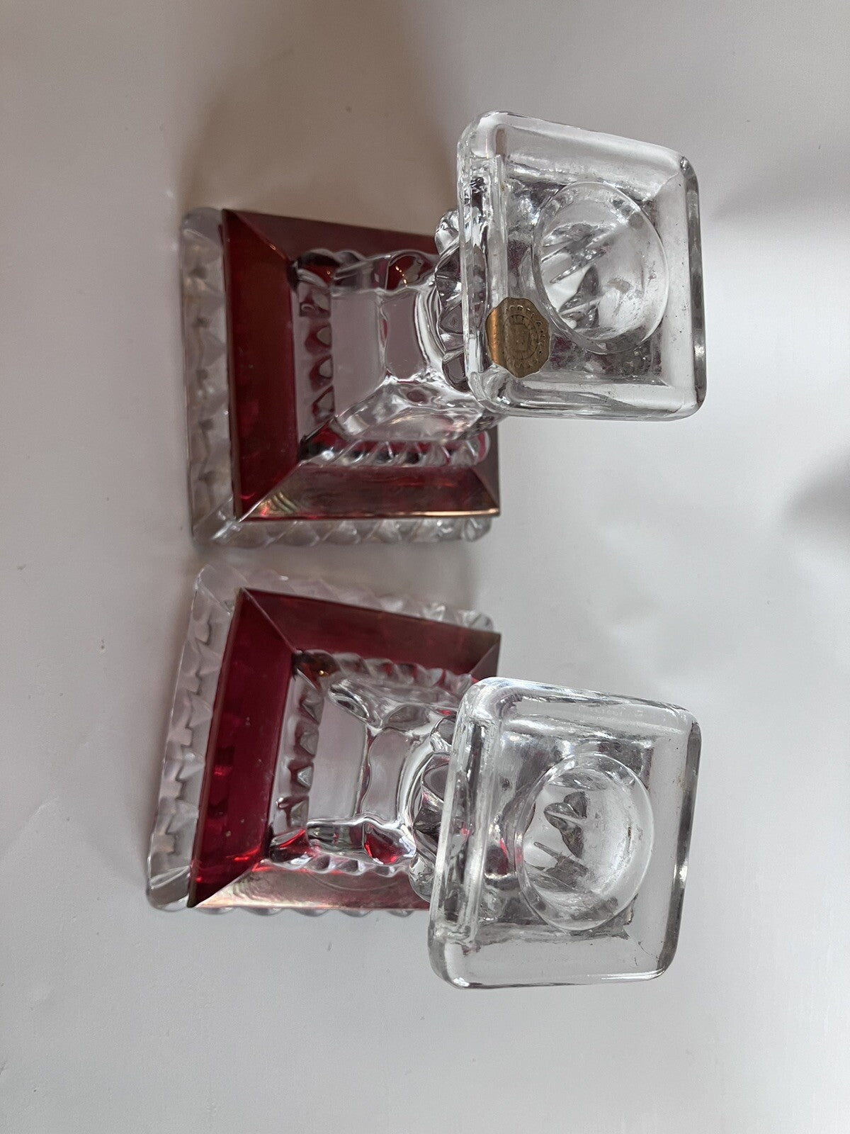 Vintage Westmoreland Wedding Pattern Ruby Flash Crystal candlesticks W/ Sticker