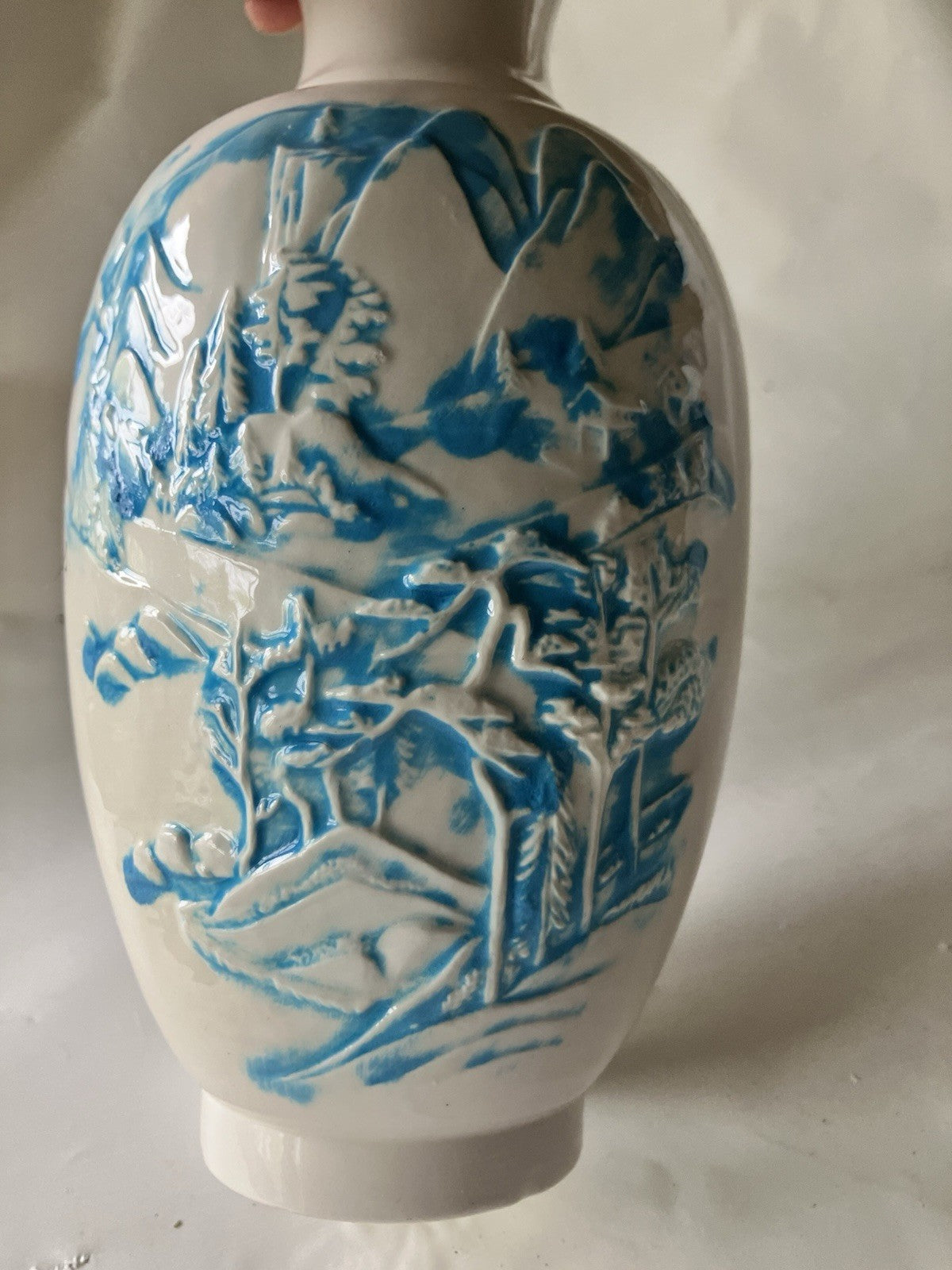 Vintage FTD 8” Tall Ceramic White Vase W/ Blue Washed Japanese Mountain Embossed