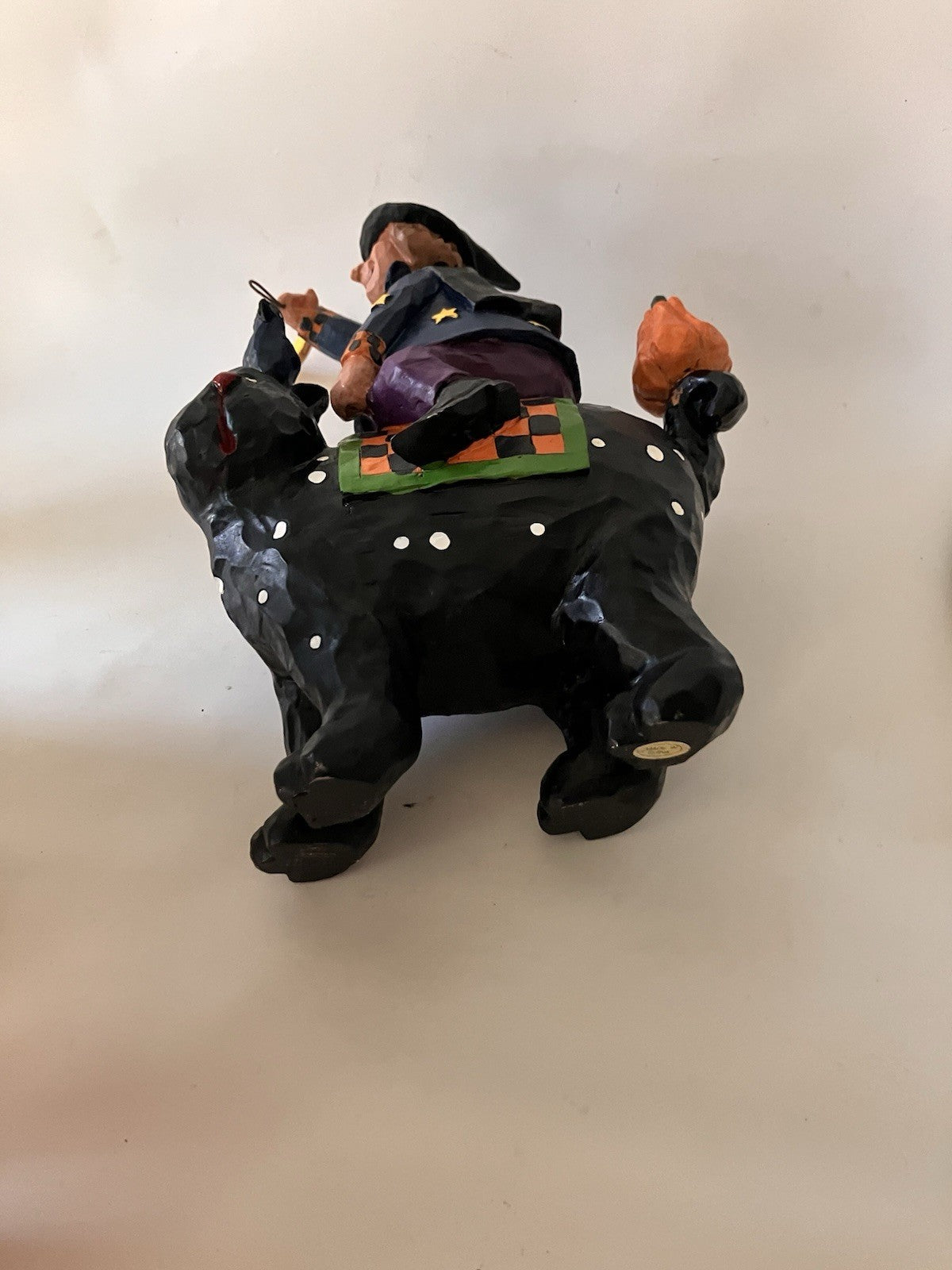 Vintage Halloween Witch Riding Black Cat W/ Moon & Pumpkin. Autumn Decor