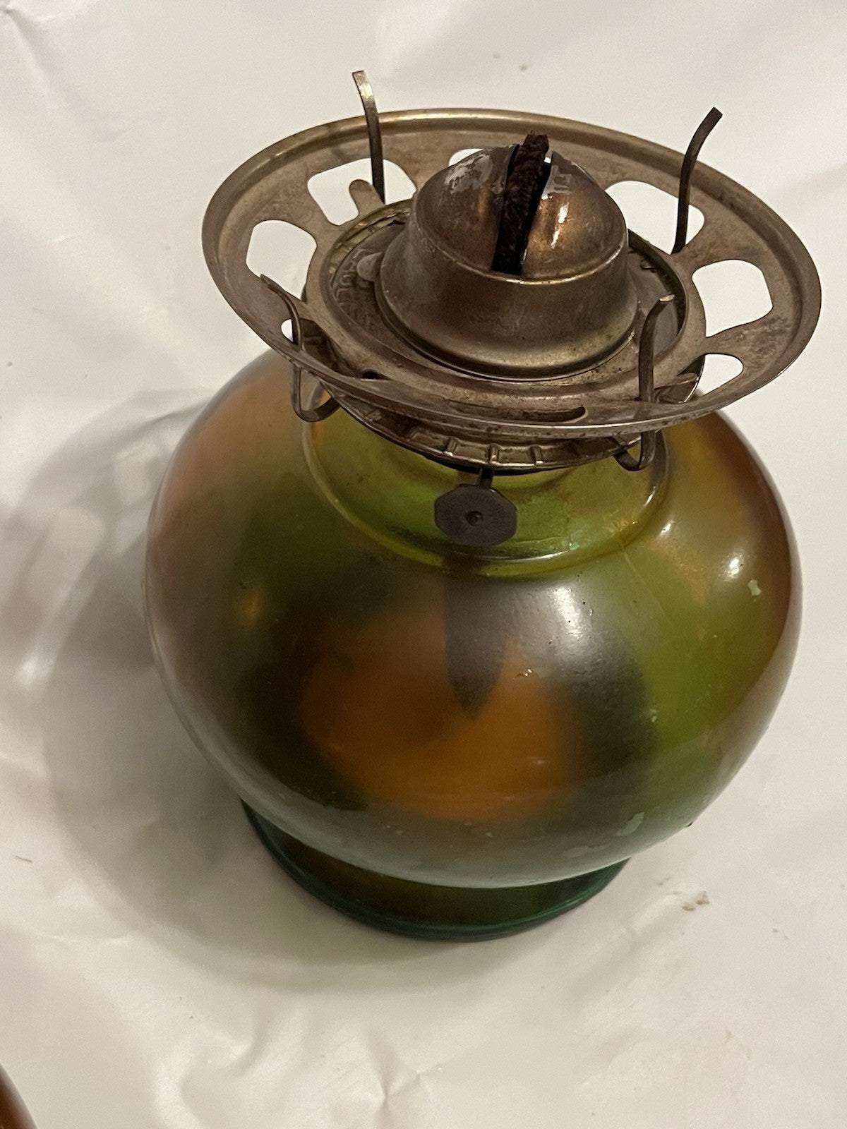 Vintage Amber-Green Glass Hurricane Kerosene Lamp  With Original Glass Globe
