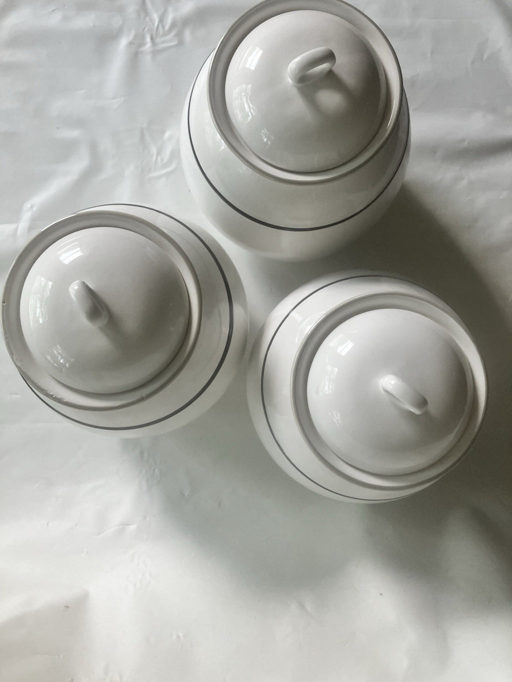 Large Ceramic Canister Set Of 3 Identical Sizes; 1, 2, 3 With Pinstripe On White