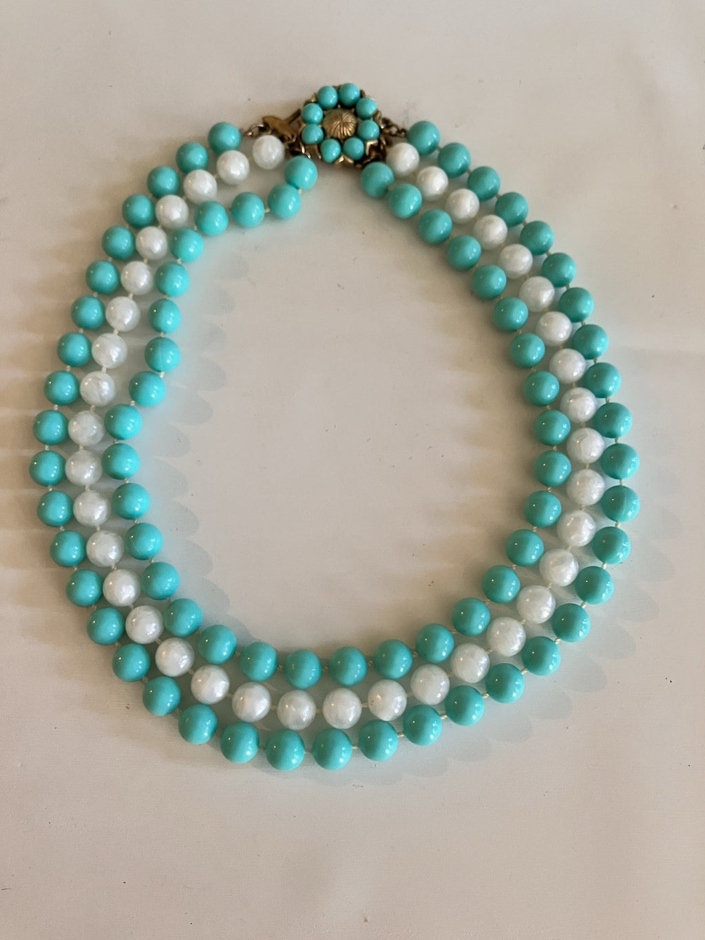 Vintage Blue & White Triple Stranded Faux Pearl Necklace W/ Gold Tone Clasp