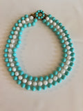 Vintage Blue & White Triple Stranded Faux Pearl Necklace W/ Gold Tone Clasp