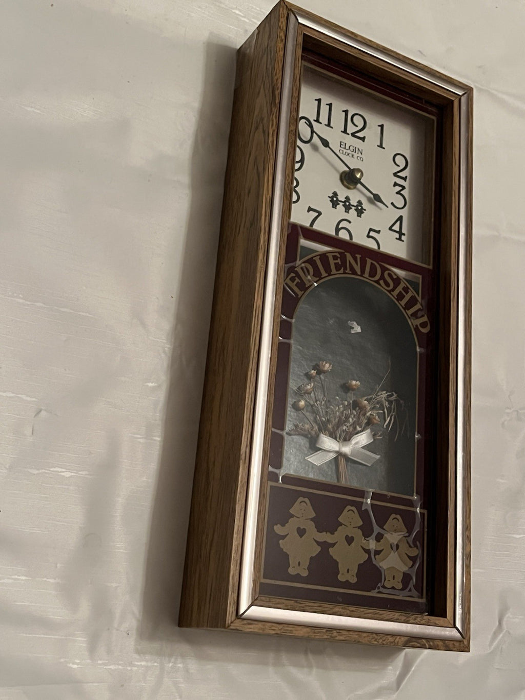 Elgin "Friendship" Shadow Box Wall Clock W/ Faux Flowers And Dutch Girl Details