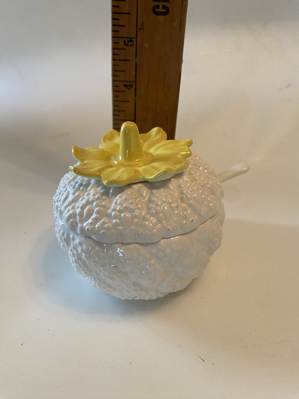 Vintage White & Yellow Jam Jar w/Spoon