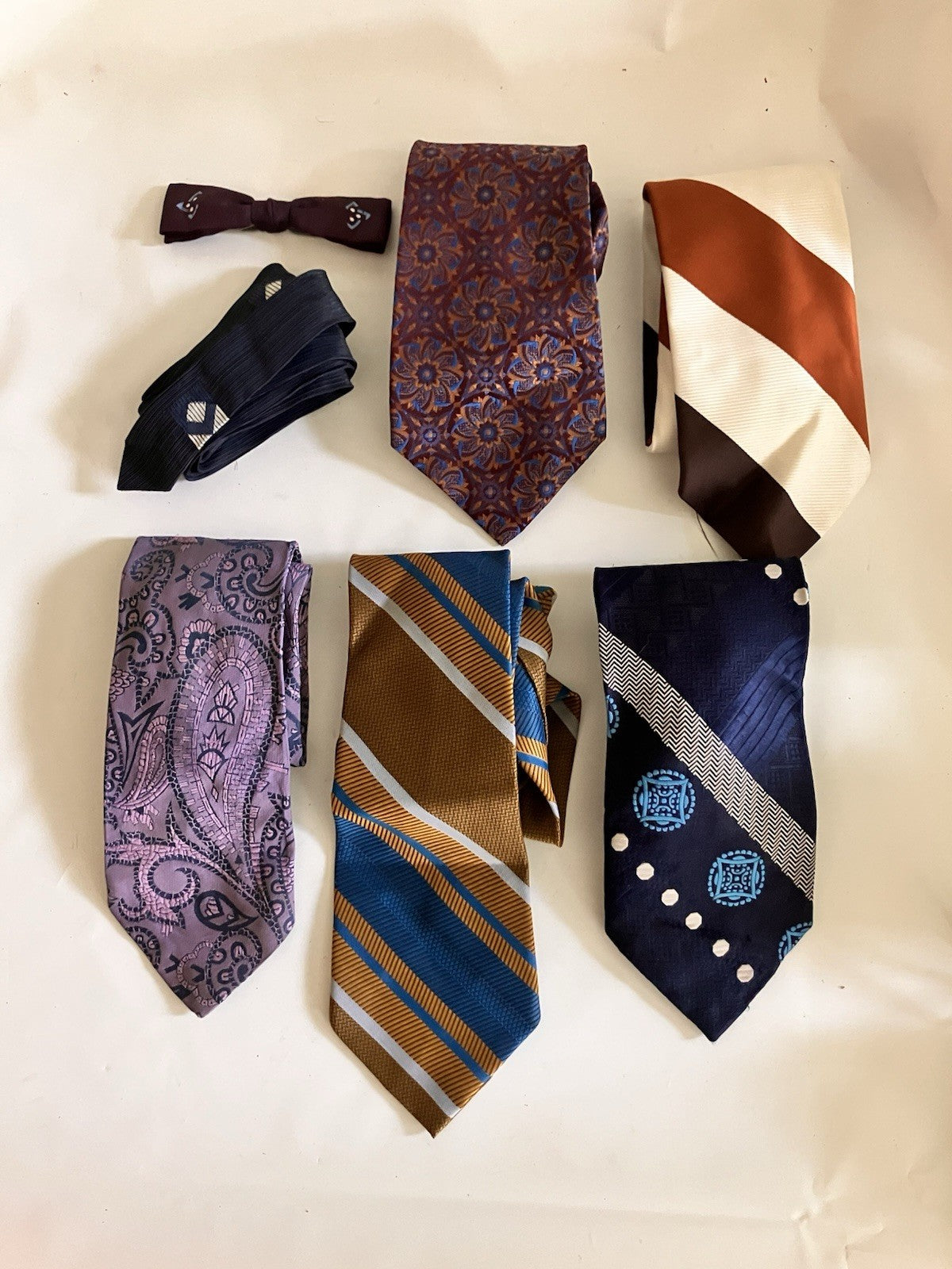 Vintage 1960’s Lot Of 7 Ties; Wide And Skinny Ties, Bow tie Clip On