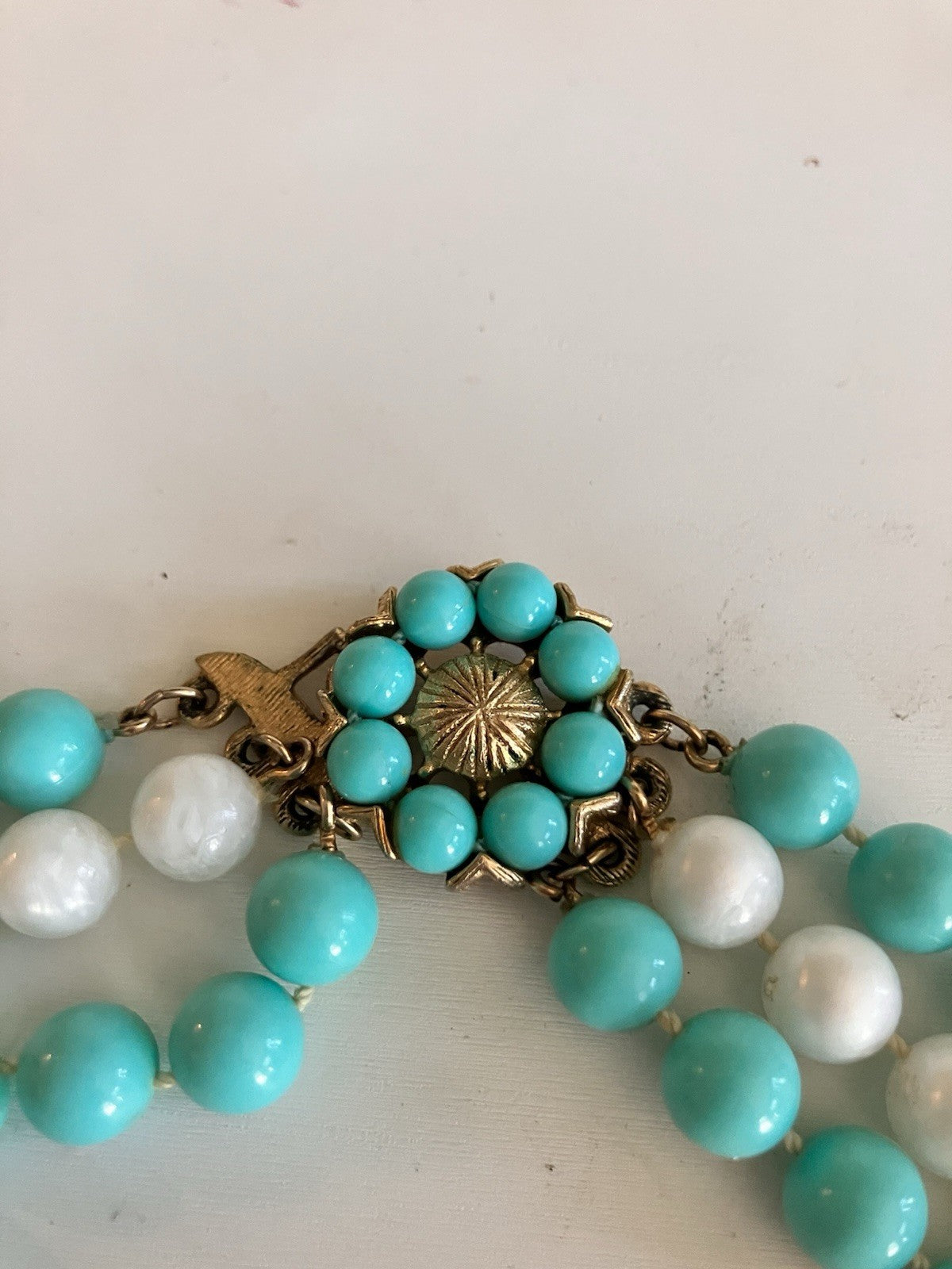 Vintage Blue & White Triple Stranded Faux Pearl Necklace W/ Gold Tone Clasp