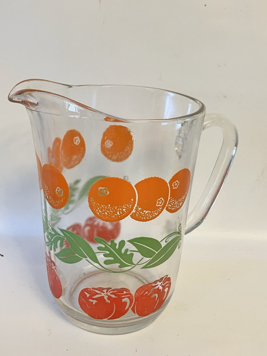 Vintage MCM Glass Juice Pitcher Fruit—Orange And Tomato From 1940-50’s. EVC.