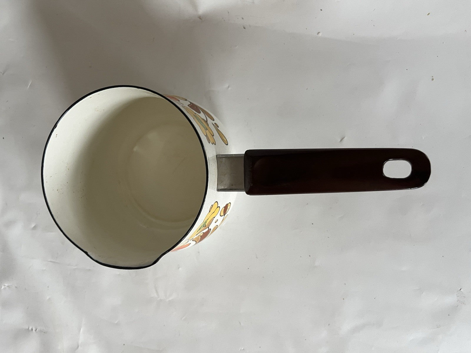 Vintage Country Flowers Sauce Pan Pot 1 Qt Sanko Ware Porcelain Enamel Japan