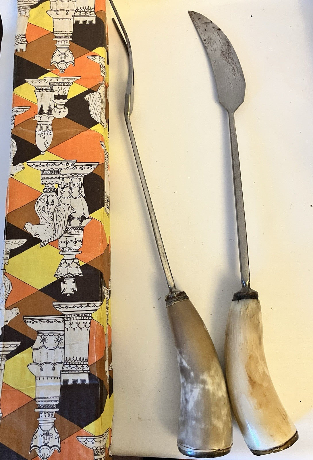 Vintage And Rare Altahualyco Grill Fork And Knife; Bull Horn Handles-19” Long