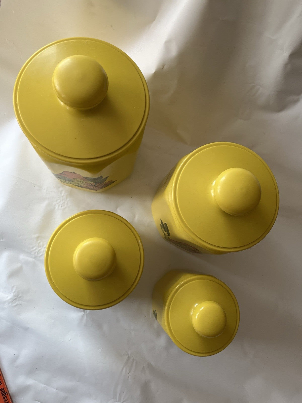 Vintage Kromex Faceted Aluminum 4 Canister Set Yellow Fruit Floral Plastic Lids