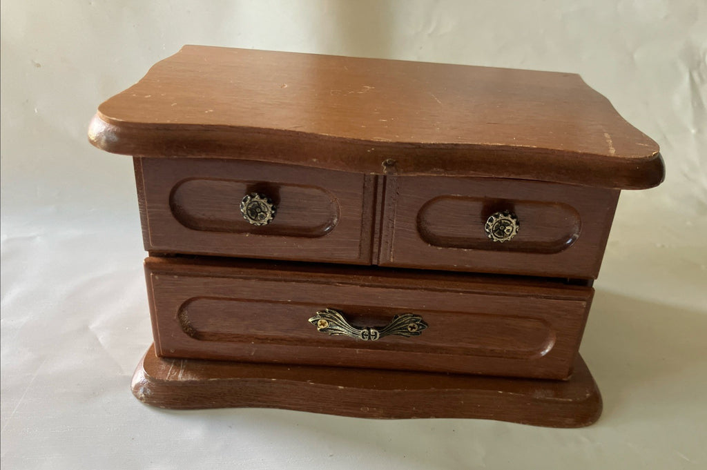Vintage MCM Wooden Jelwery Box With Scalloped Edges, Velvet Int. Drawer, Mirror