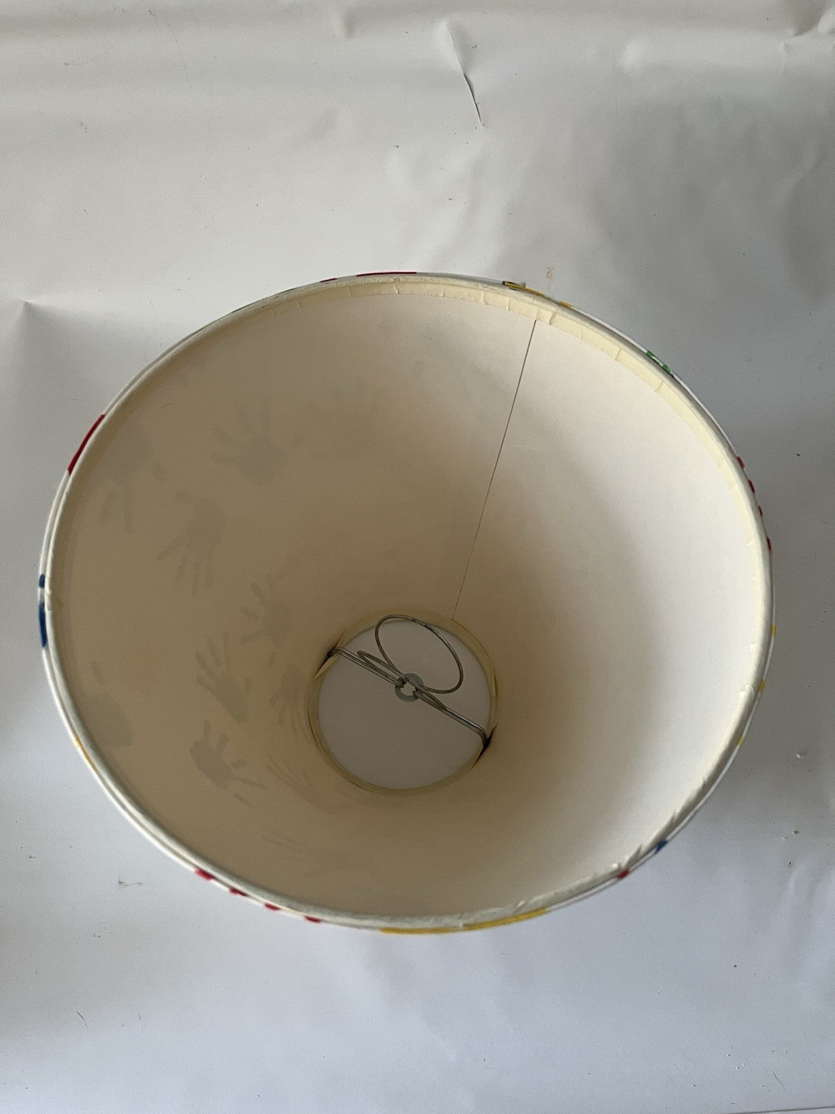 Vintage Kids Hand Print Lamp Shade; White With Green, Red, Blue Yellow Color