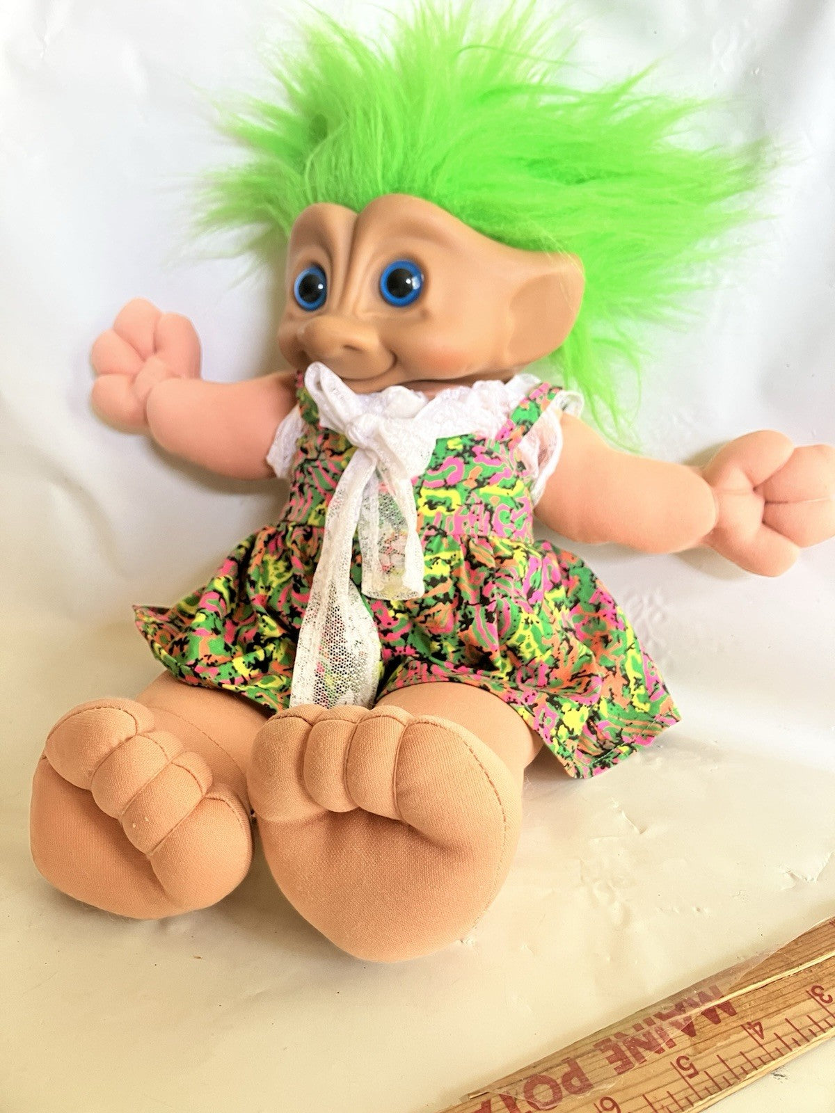 Vintage Large Plush Troll Treasure Doll With Green Hair &Jewel/Acid Wash Outfit