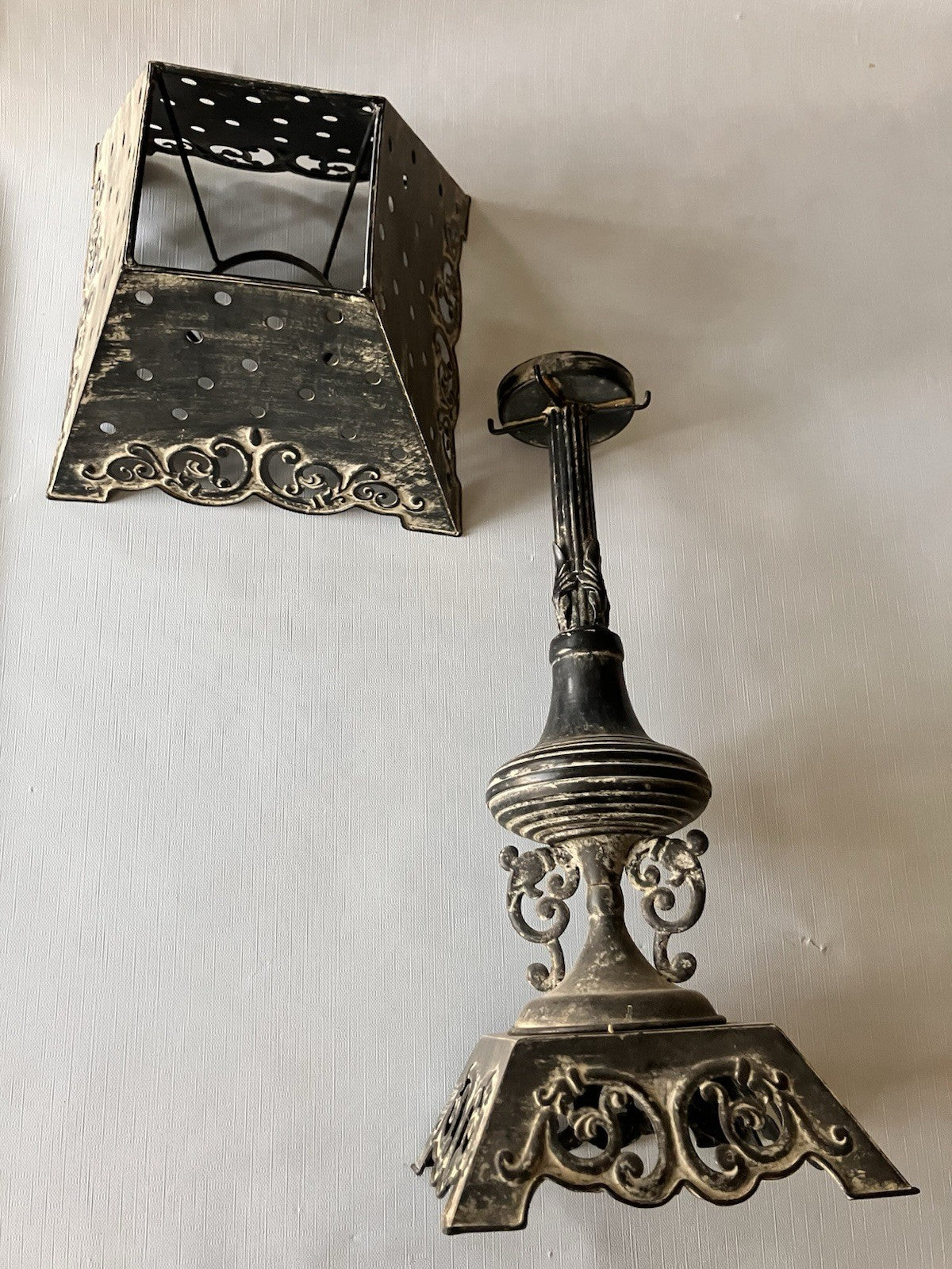 Primitive/Rustic 24” Tall Black Metal Antique Candle Holder With Matching Shade