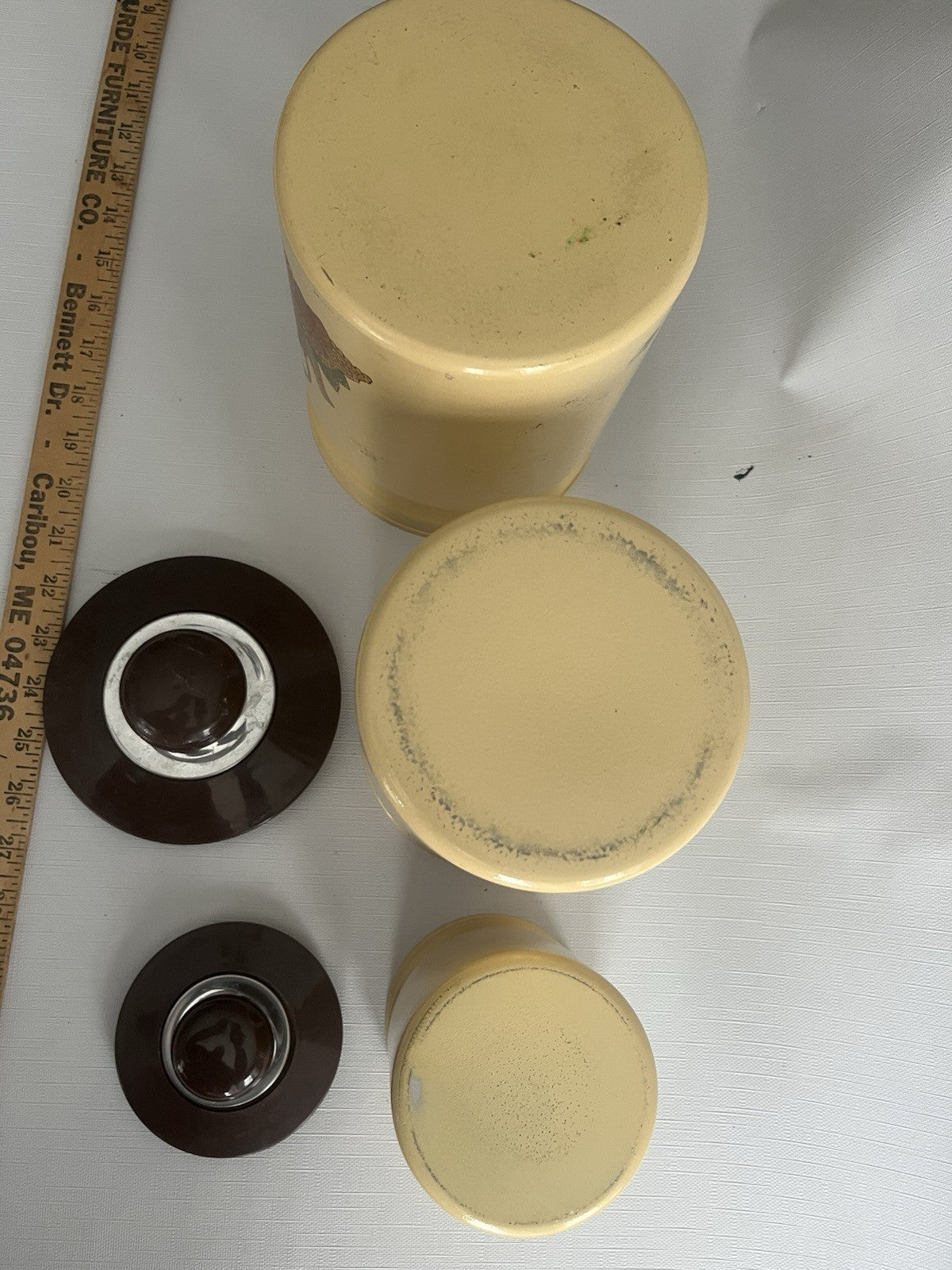 Kromex Metal Canister Set 3 Rare Beige/Brown Fruit & Vegetables w/ Plastic Lids