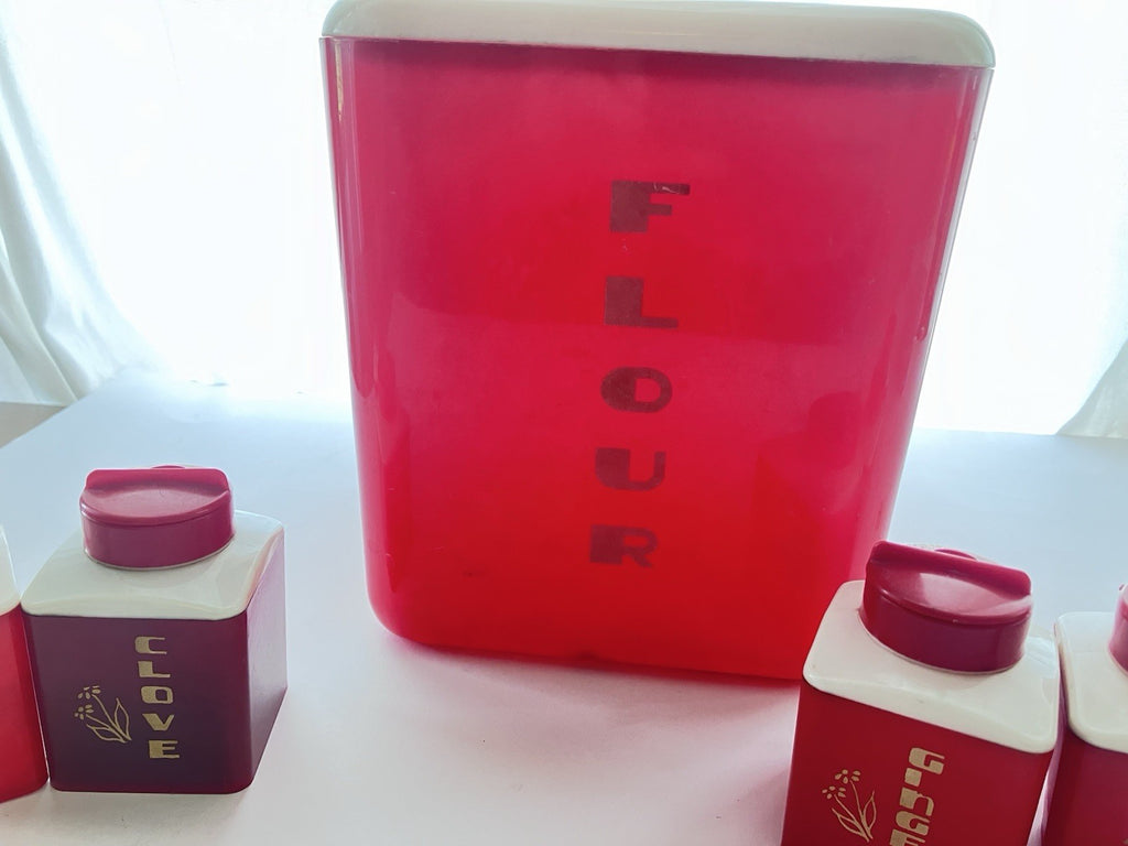 Vintage Red Lusterware Flour And Dupal Plastics Inc. Spices Lot 1950/Art Deco