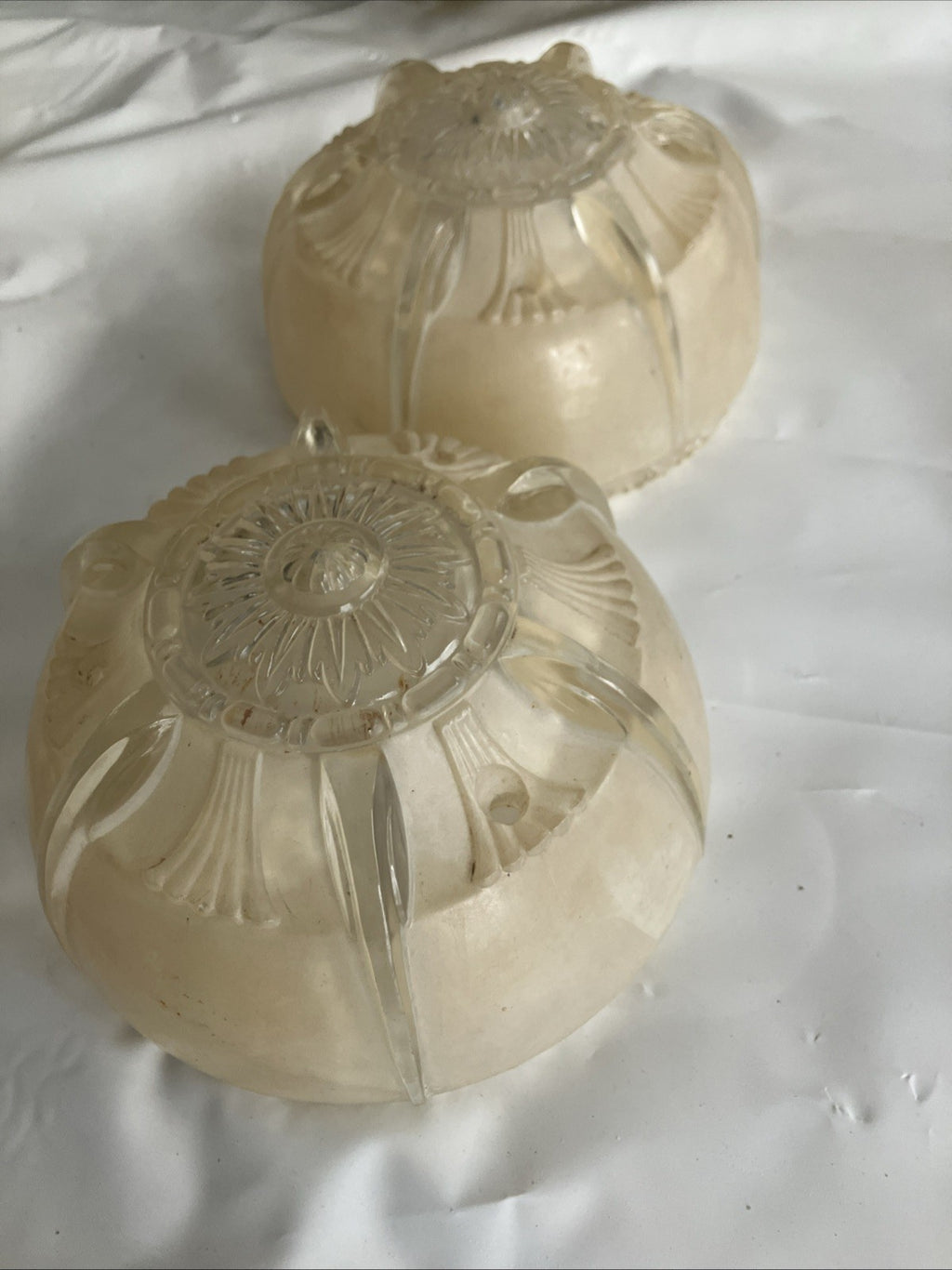 2-6” Wide Vintage Art Deco Beige Glass Ceiling Light Fixture Cover Set; EVC