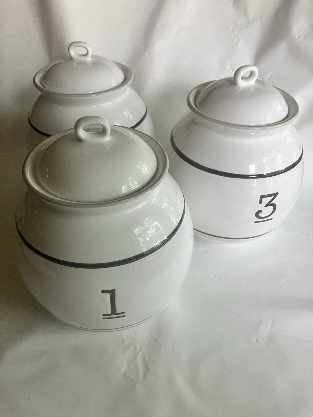 Large Ceramic Canister Set Of 3 Identical Sizes; 1, 2, 3 With Pinstripe On White