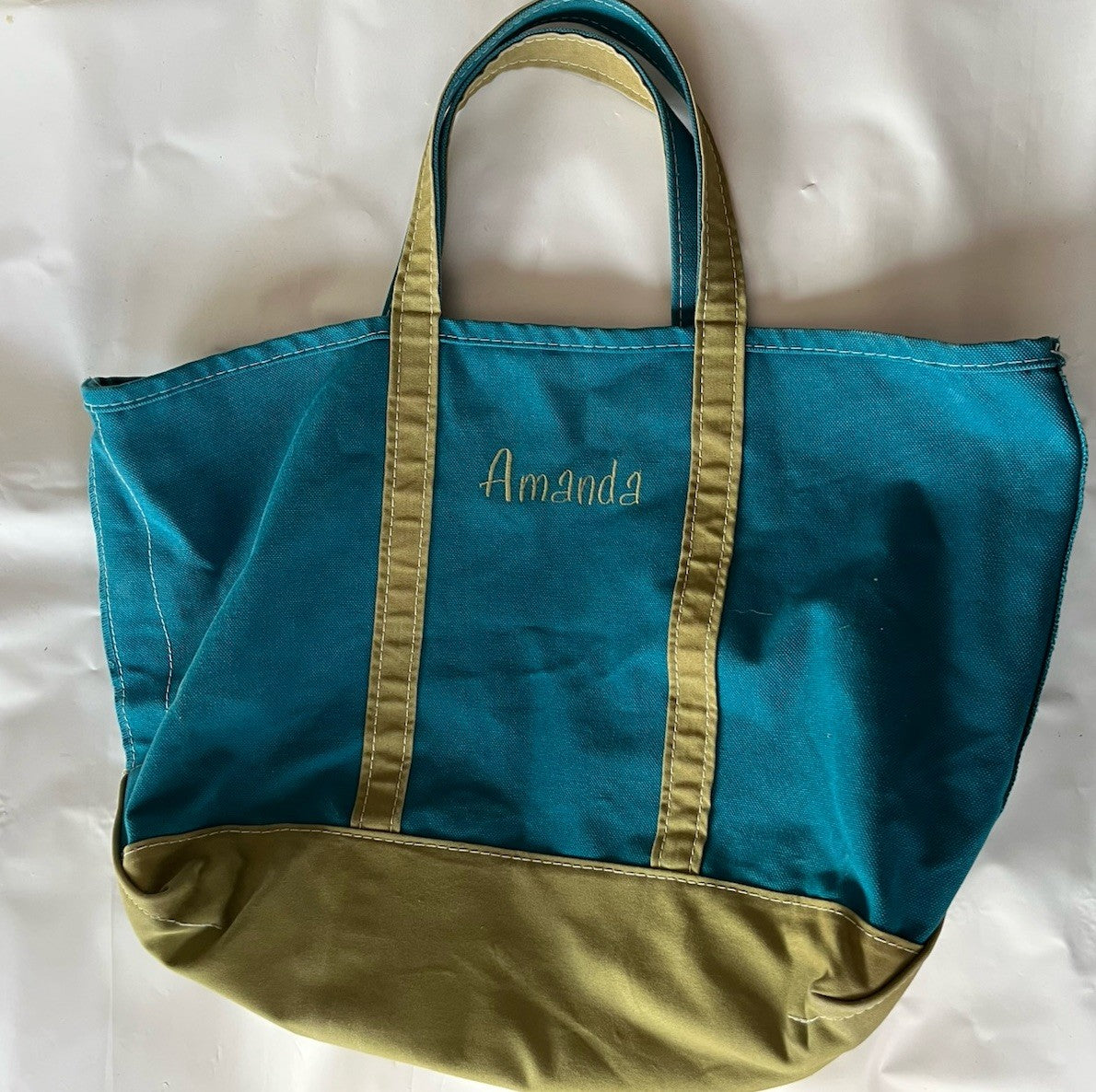 Vintage LL Bean Extra Large Host Tote In Teal And Lime “Amanda” Monogrammed 