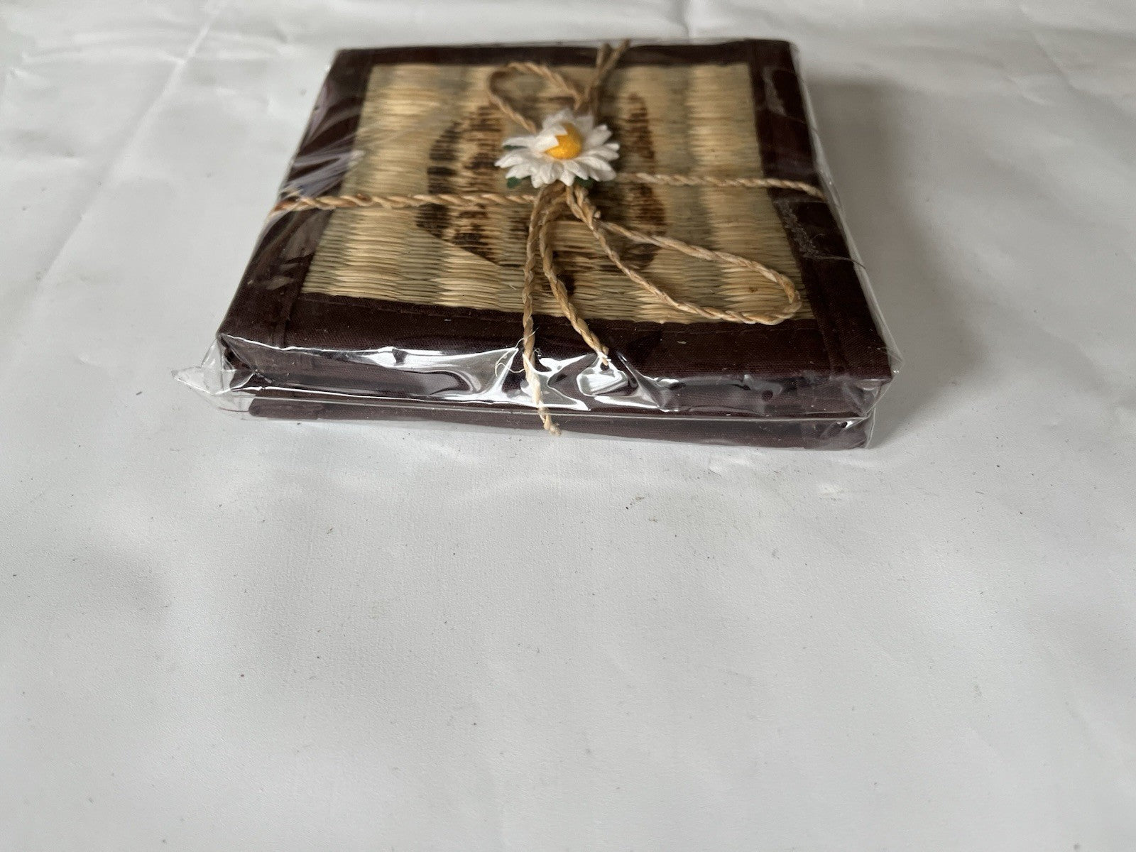 Vintage New/Wrapped Set Of 4 Vintage Coasters Weaved Bamboo Painted Design
