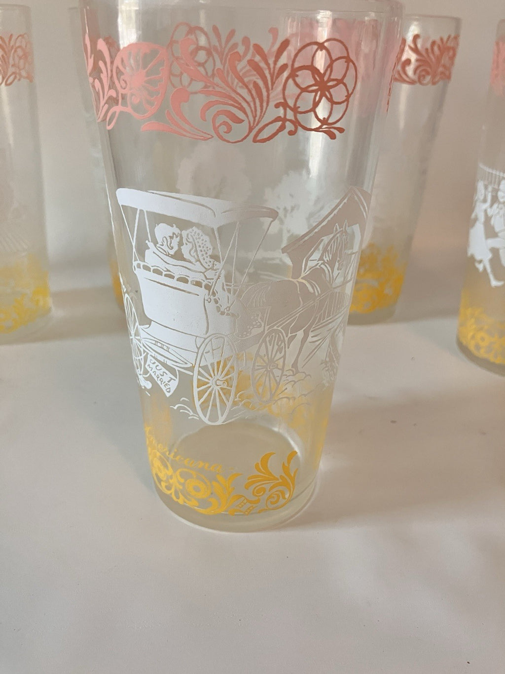 Vintage/MCM  Hazel Atlas Americana Glasses White, Pink And Yellow, Set Of 5