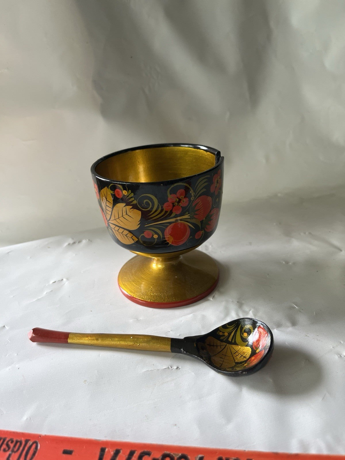 Russian Golden Khokhloma, Wooden Bowl & Spoon Set, Background painting, Folk-Art