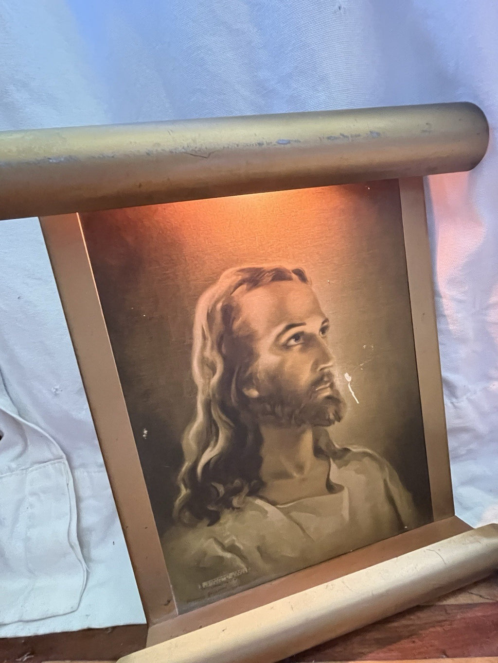 1941 MCM Lighted Litho Print of JESUS On Gold Tone Manuscript Wall Hanging