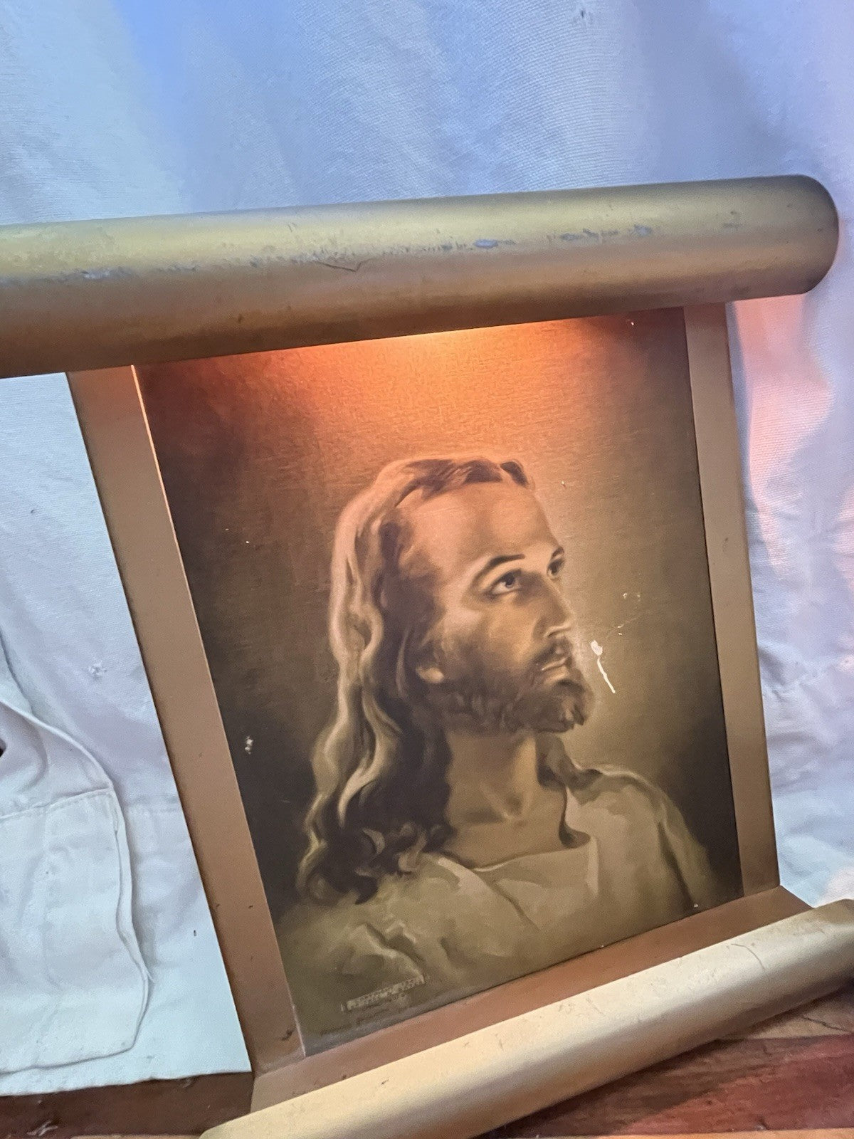 1941 MCM Lighted Litho Print of JESUS On Gold Tone Manuscript Wall Hanging