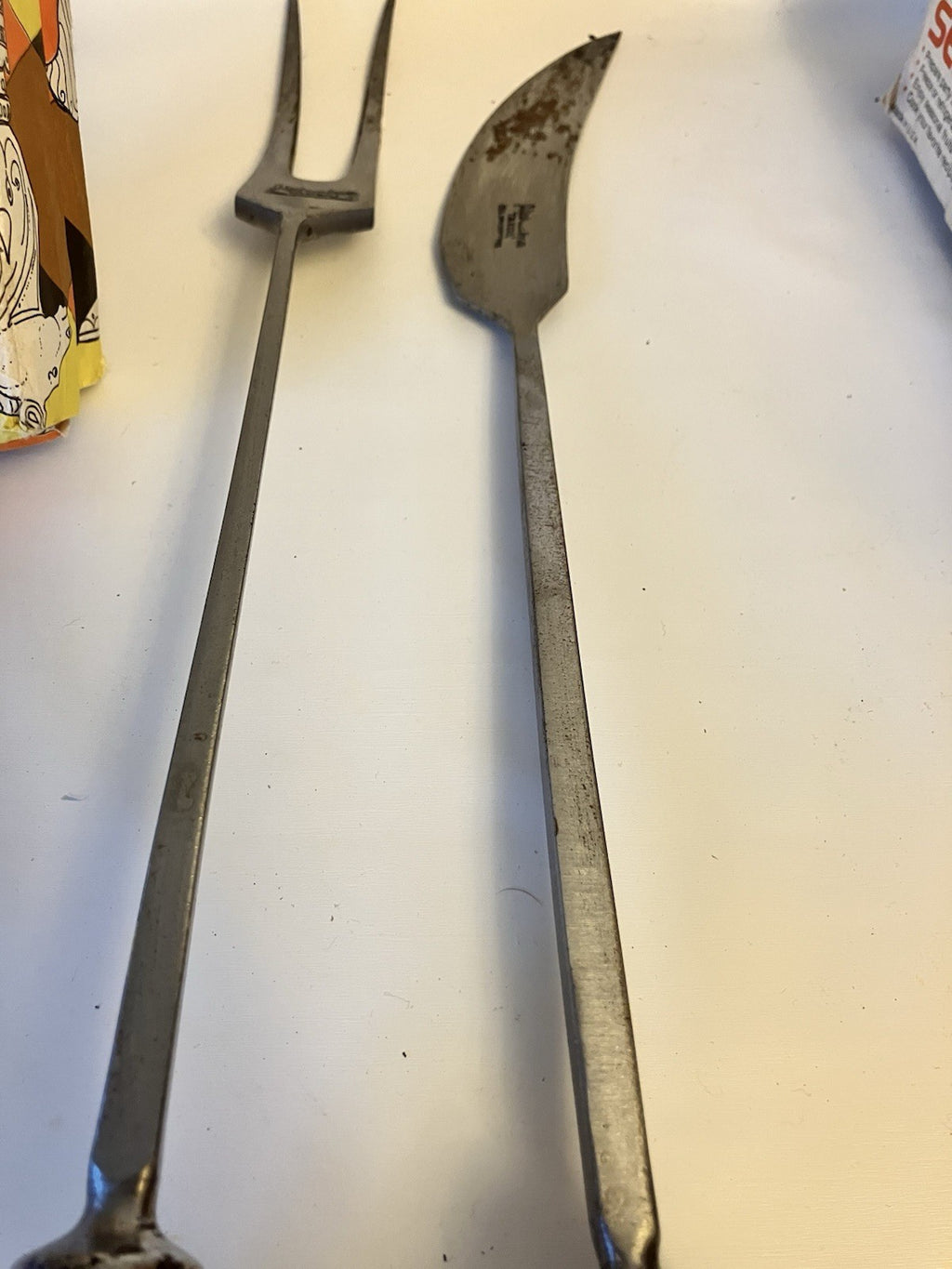 Vintage And Rare Altahualyco Grill Fork And Knife; Bull Horn Handles-19” Long