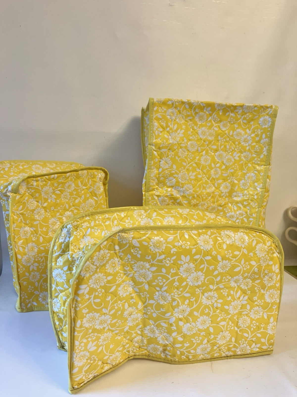Vintage 70/MCM Floral Yellow/White Vinyl Toaster/ Applicance Duster Covers; 3 Pc