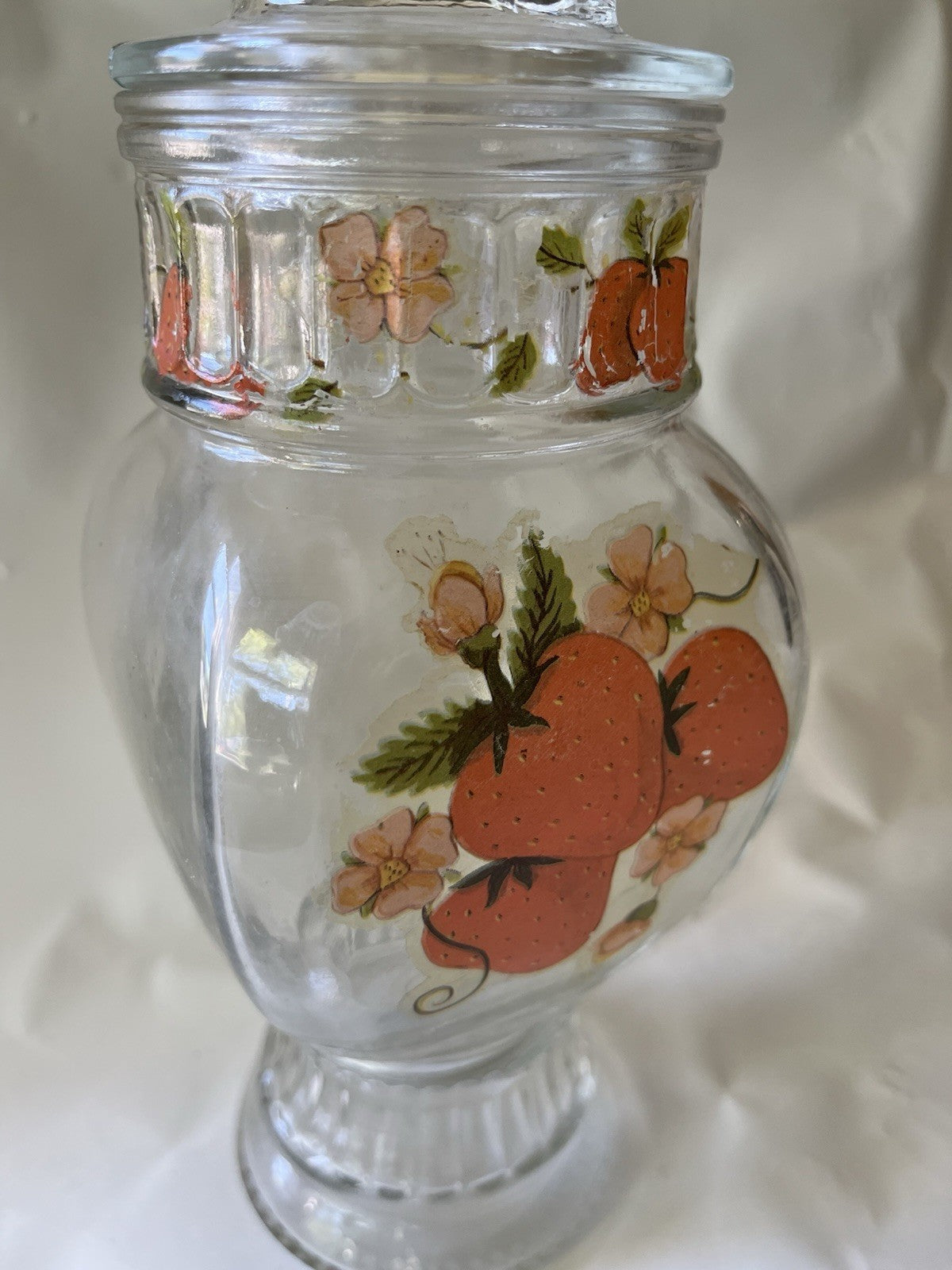 Vintage MCM 8” Tall Glass Jar With Strawberry Details And Lid