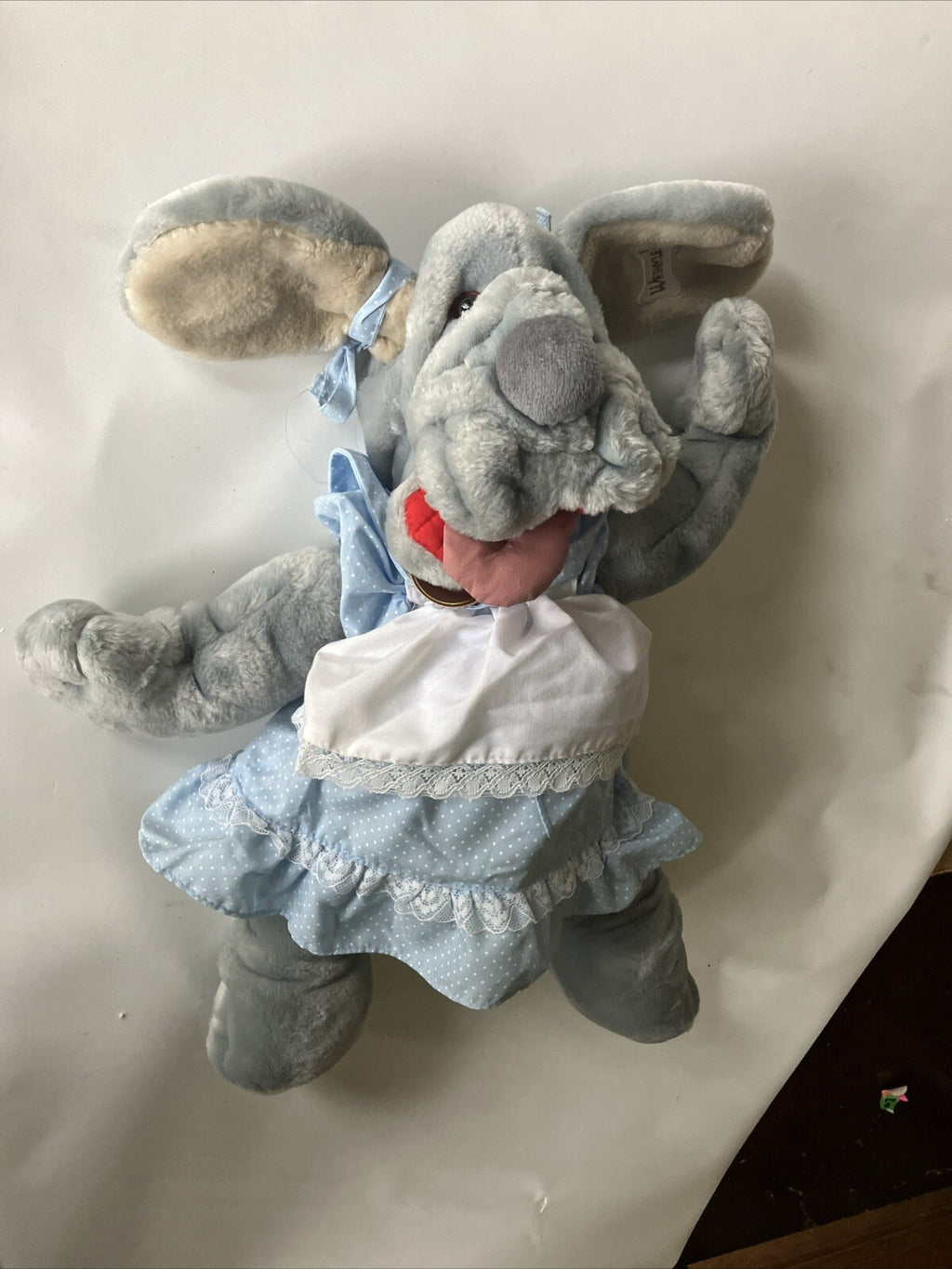 Vintage Ganz Bros Wrinkles The Dog Puppet With Blue Dress EVC