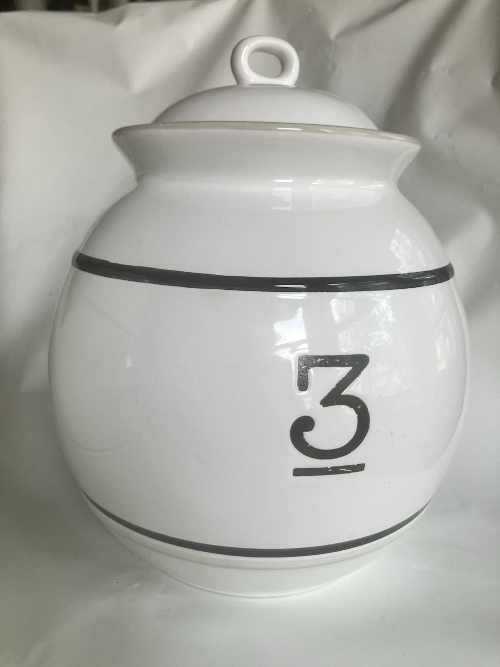 Large Ceramic Canister Set Of 3 Identical Sizes; 1, 2, 3 With Pinstripe On White