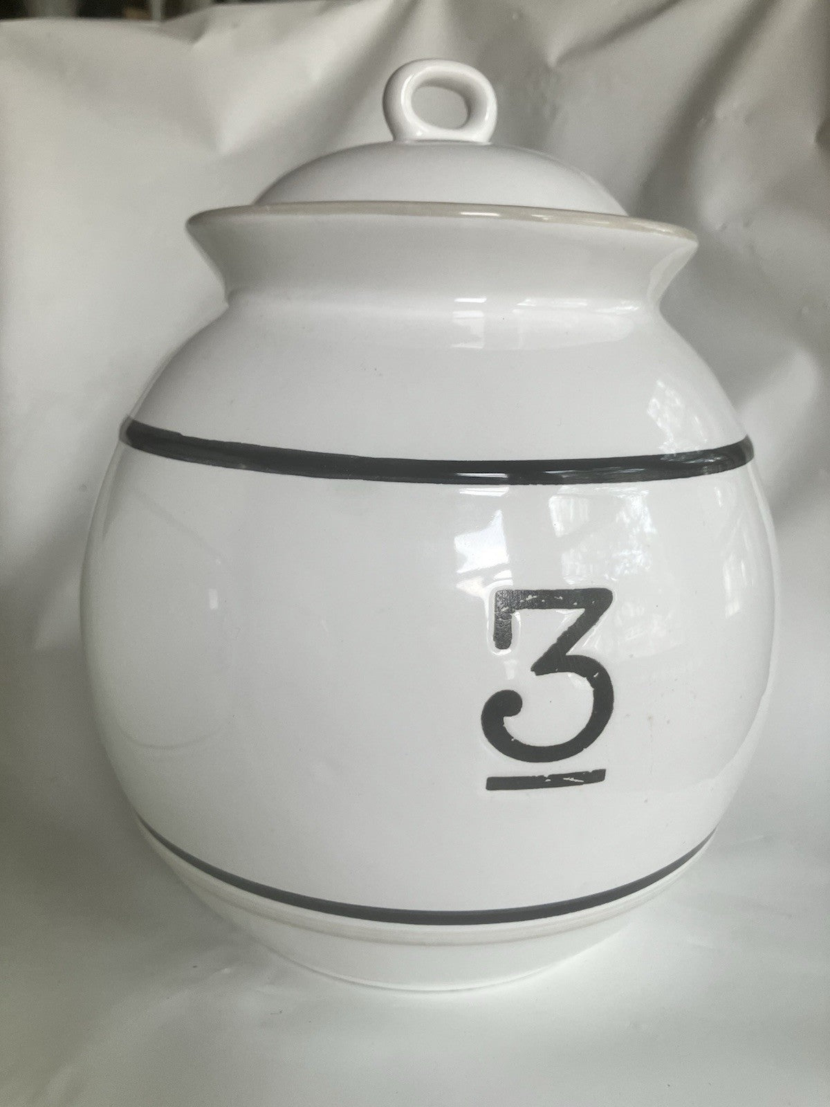 Large Ceramic Canister Set Of 3 Identical Sizes; 1, 2, 3 With Pinstripe On White