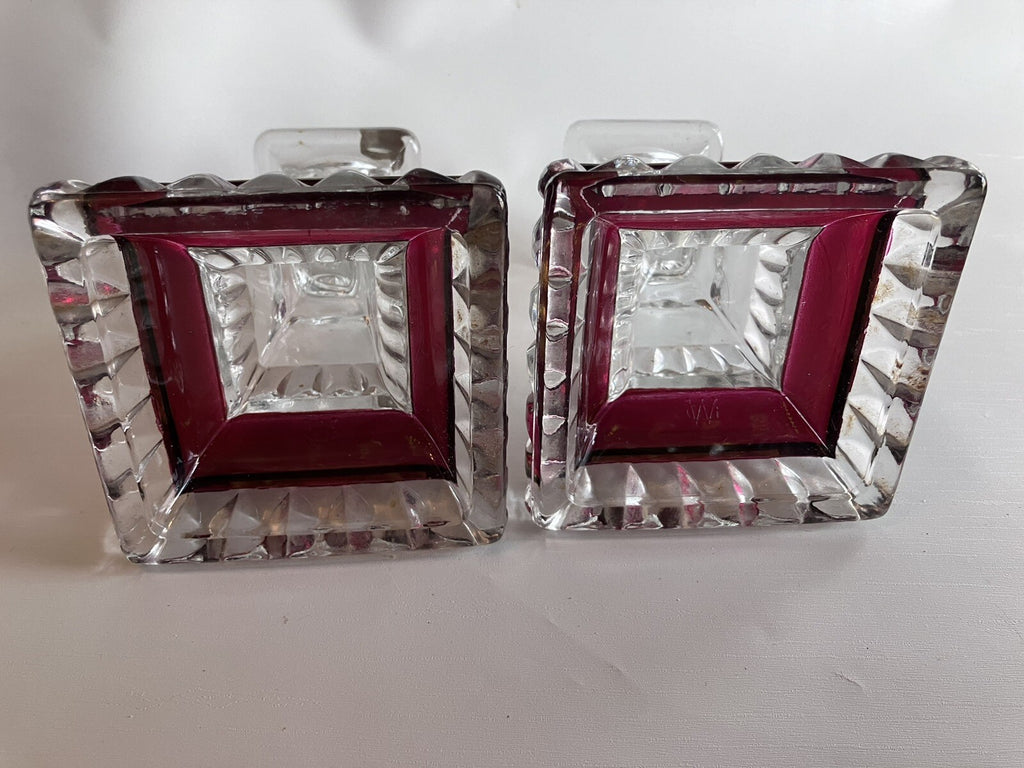 Vintage Westmoreland Wedding Pattern Ruby Flash Crystal candlesticks W/ Sticker