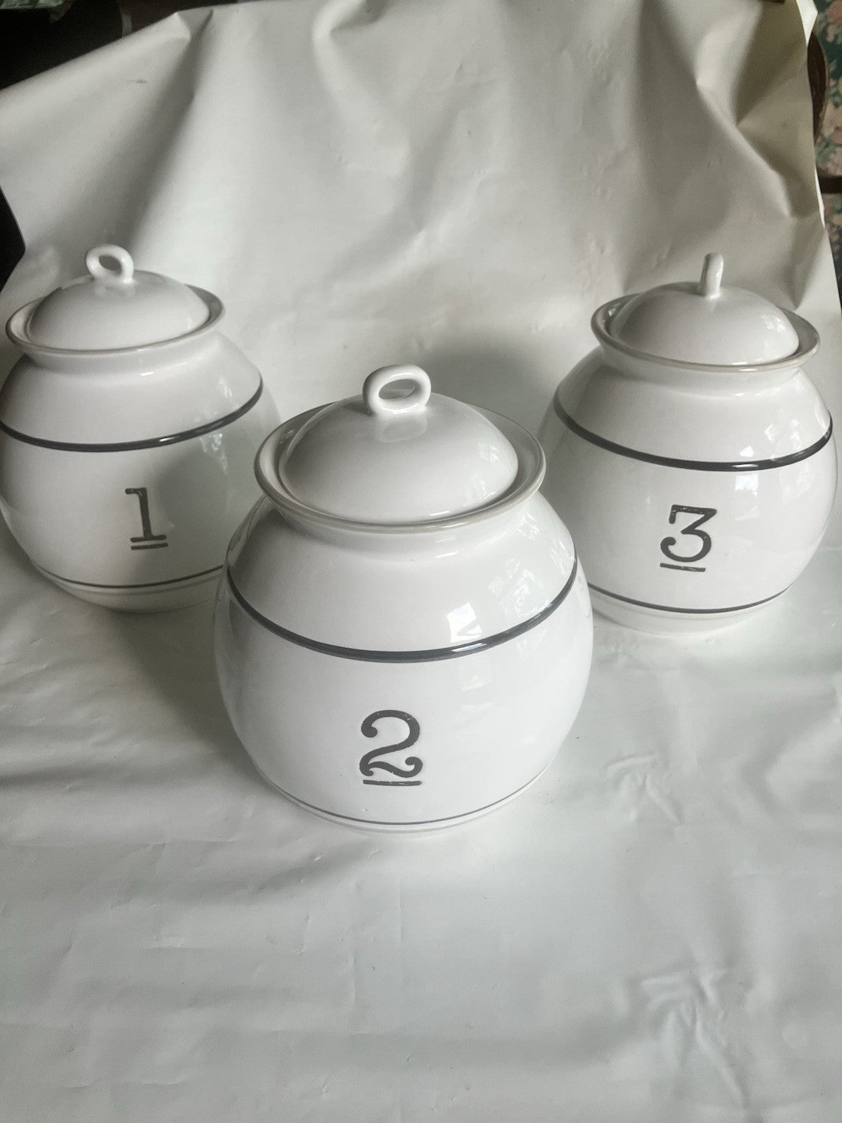 Large Ceramic Canister Set Of 3 Identical Sizes; 1, 2, 3 With Pinstripe On White