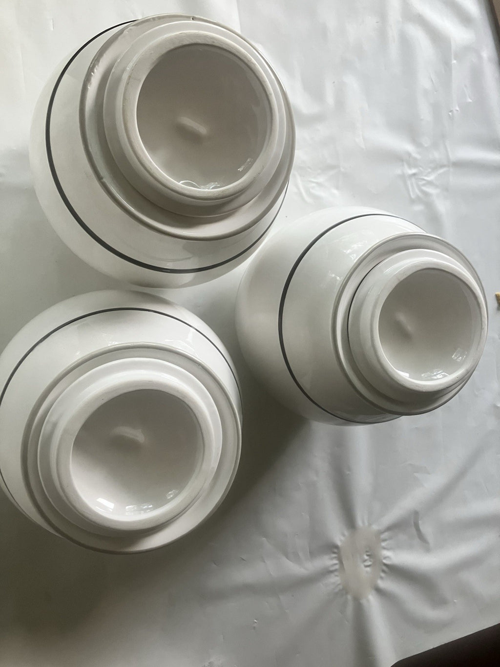 Large Ceramic Canister Set Of 3 Identical Sizes; 1, 2, 3 With Pinstripe On White