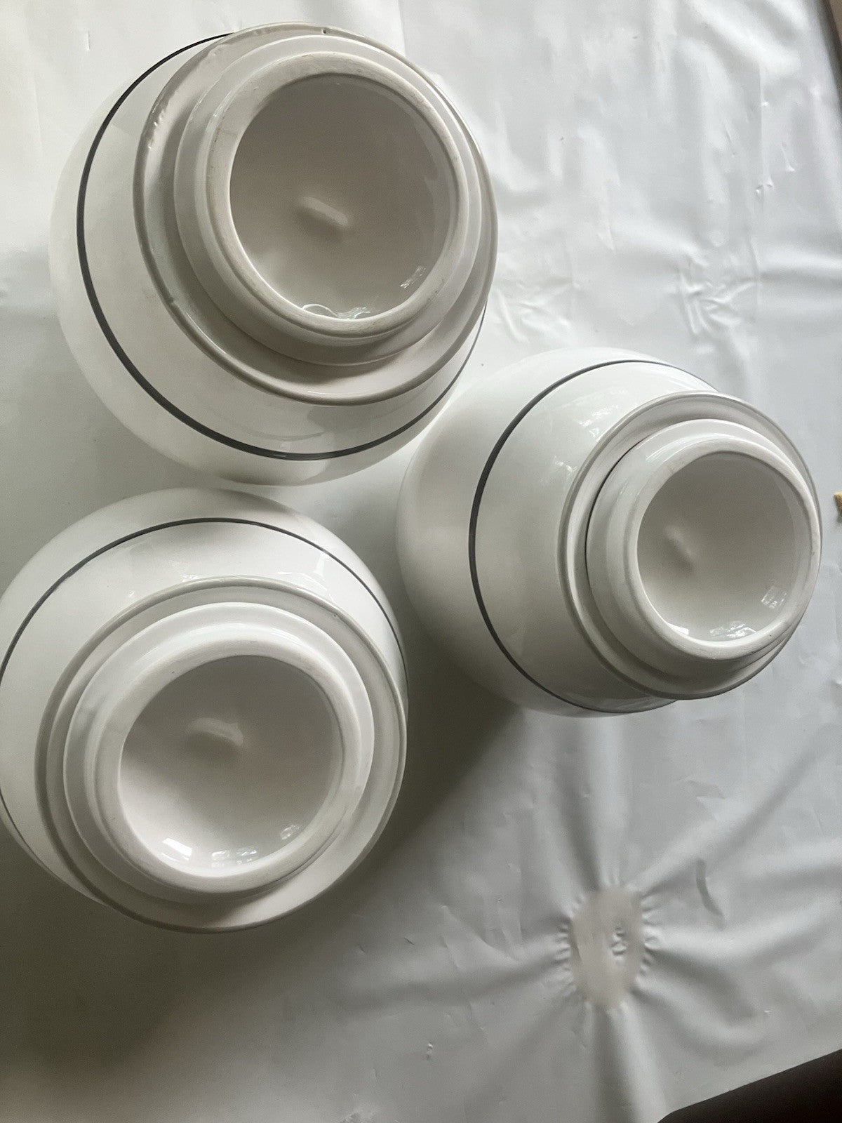 Large Ceramic Canister Set Of 3 Identical Sizes; 1, 2, 3 With Pinstripe On White