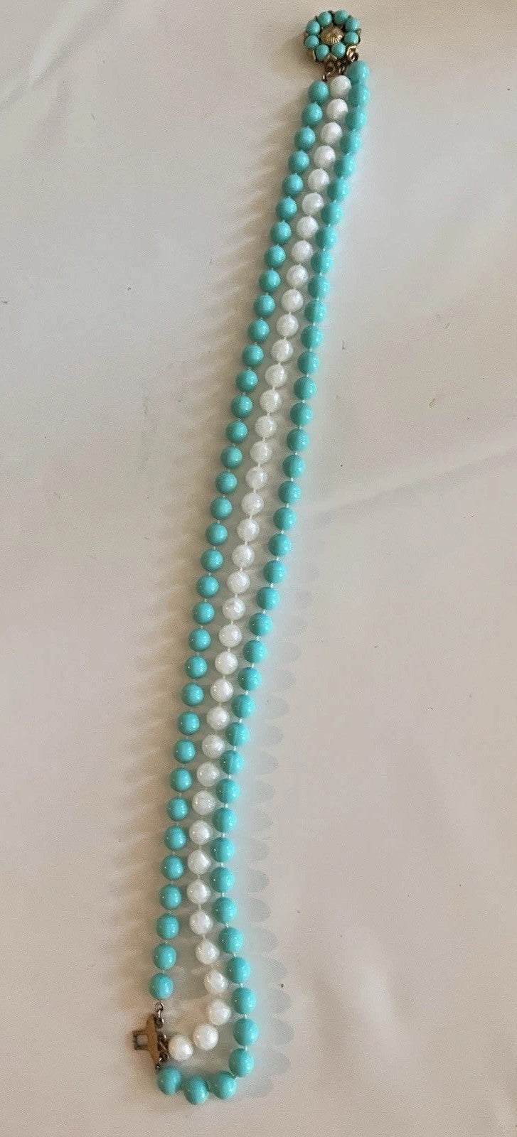 Vintage Blue & White Triple Stranded Faux Pearl Necklace W/ Gold Tone Clasp
