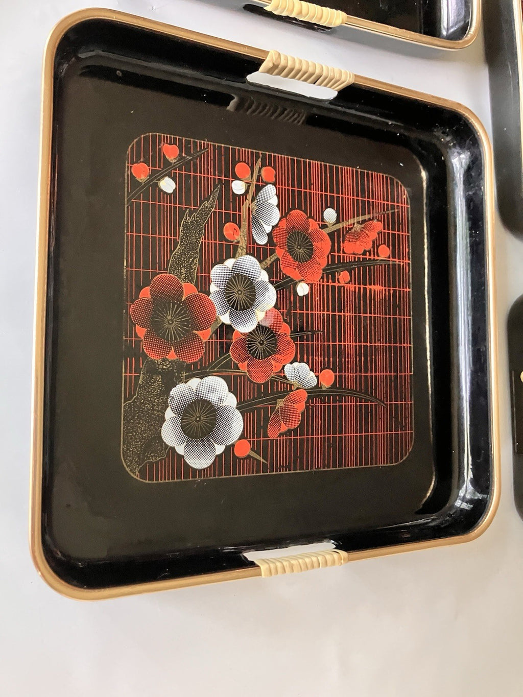 Vtg Toyo Japanese Lacquerware Enamel Serving Trays (4)- Floral/Plaid 2 Patterns