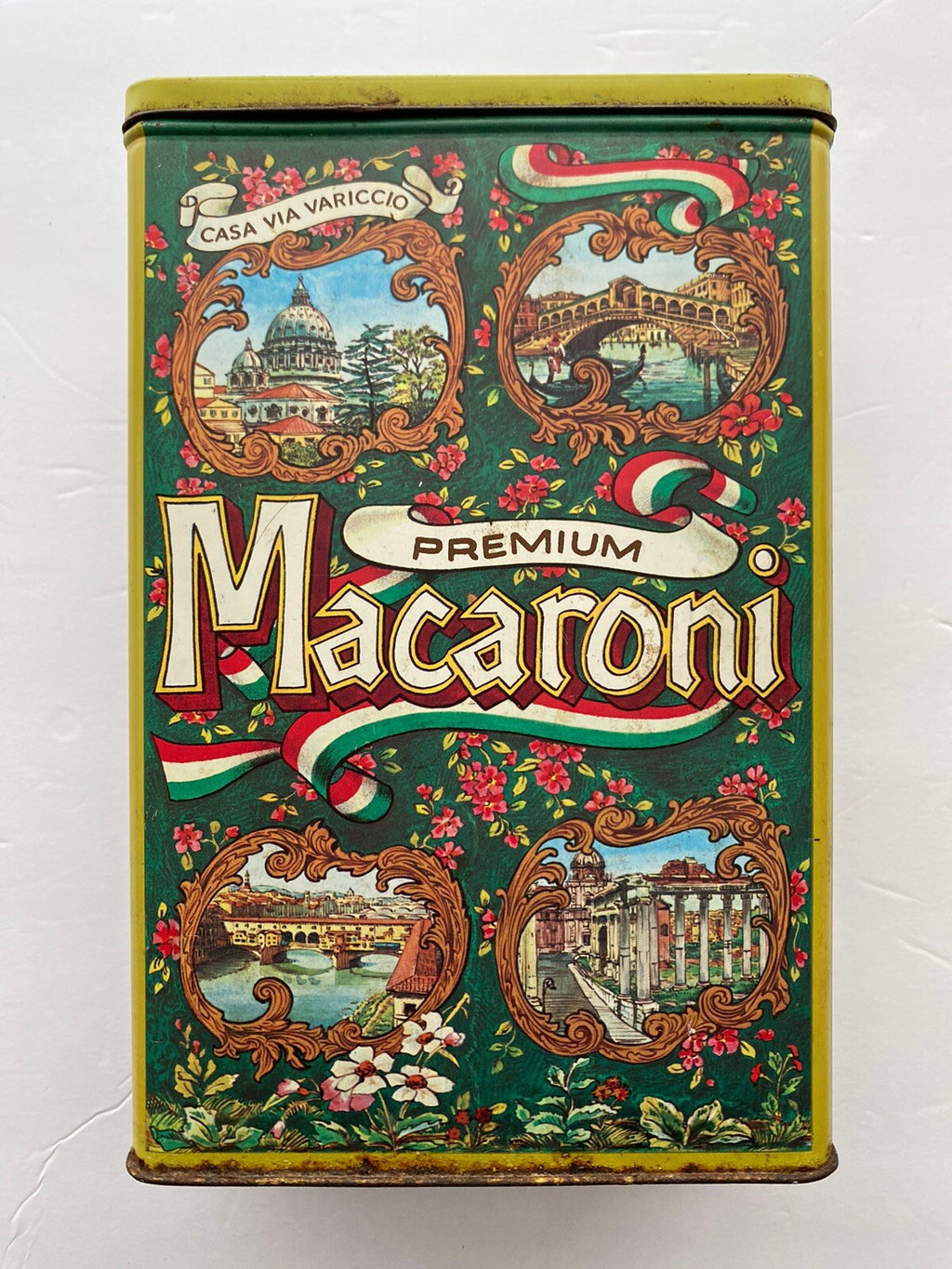 Vintage Casa Via Variccio Premium Macaroni Metal Tin Container Made In England