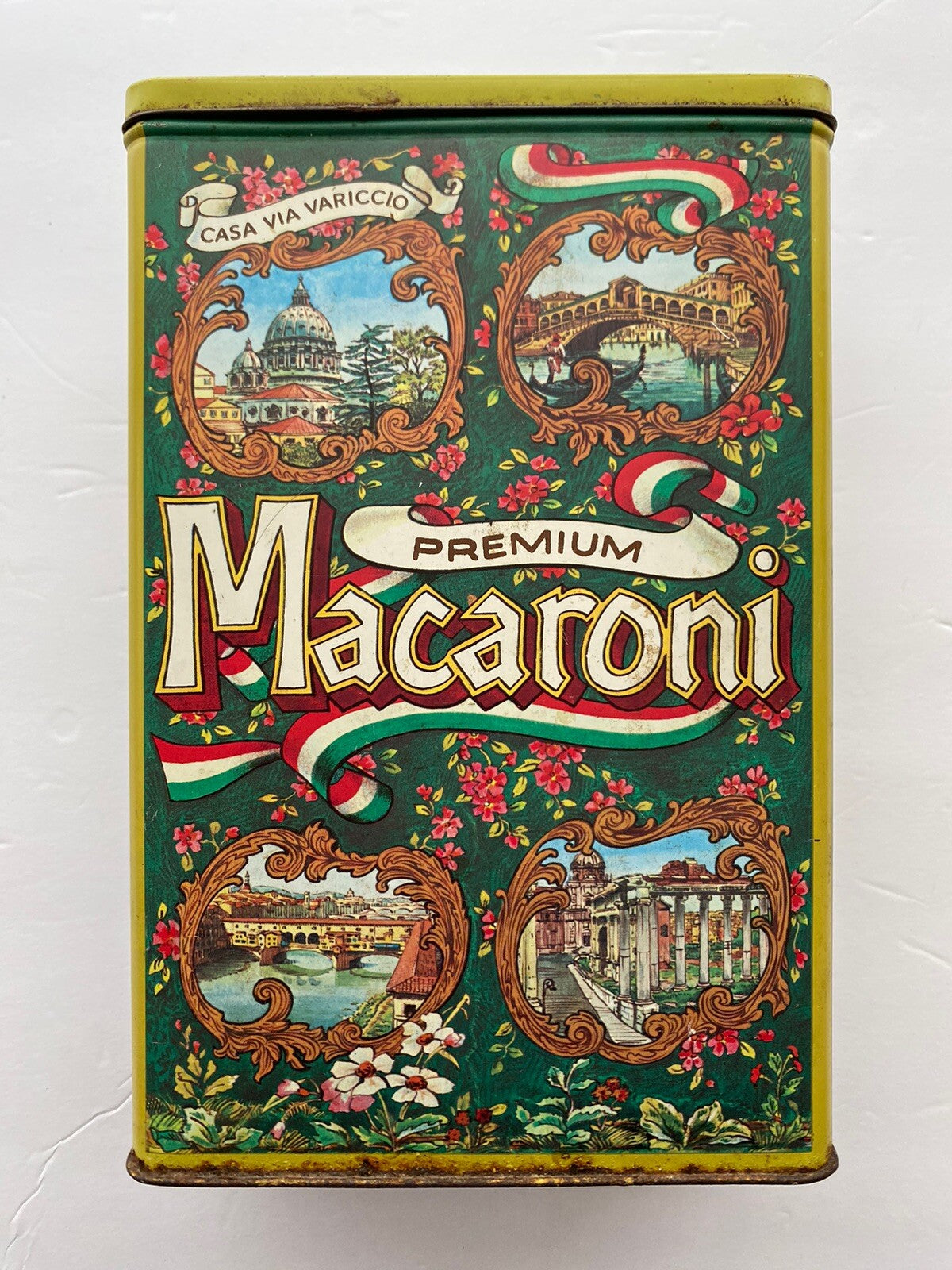 Vintage Casa Via Variccio Premium Macaroni Metal Tin Container Made In England