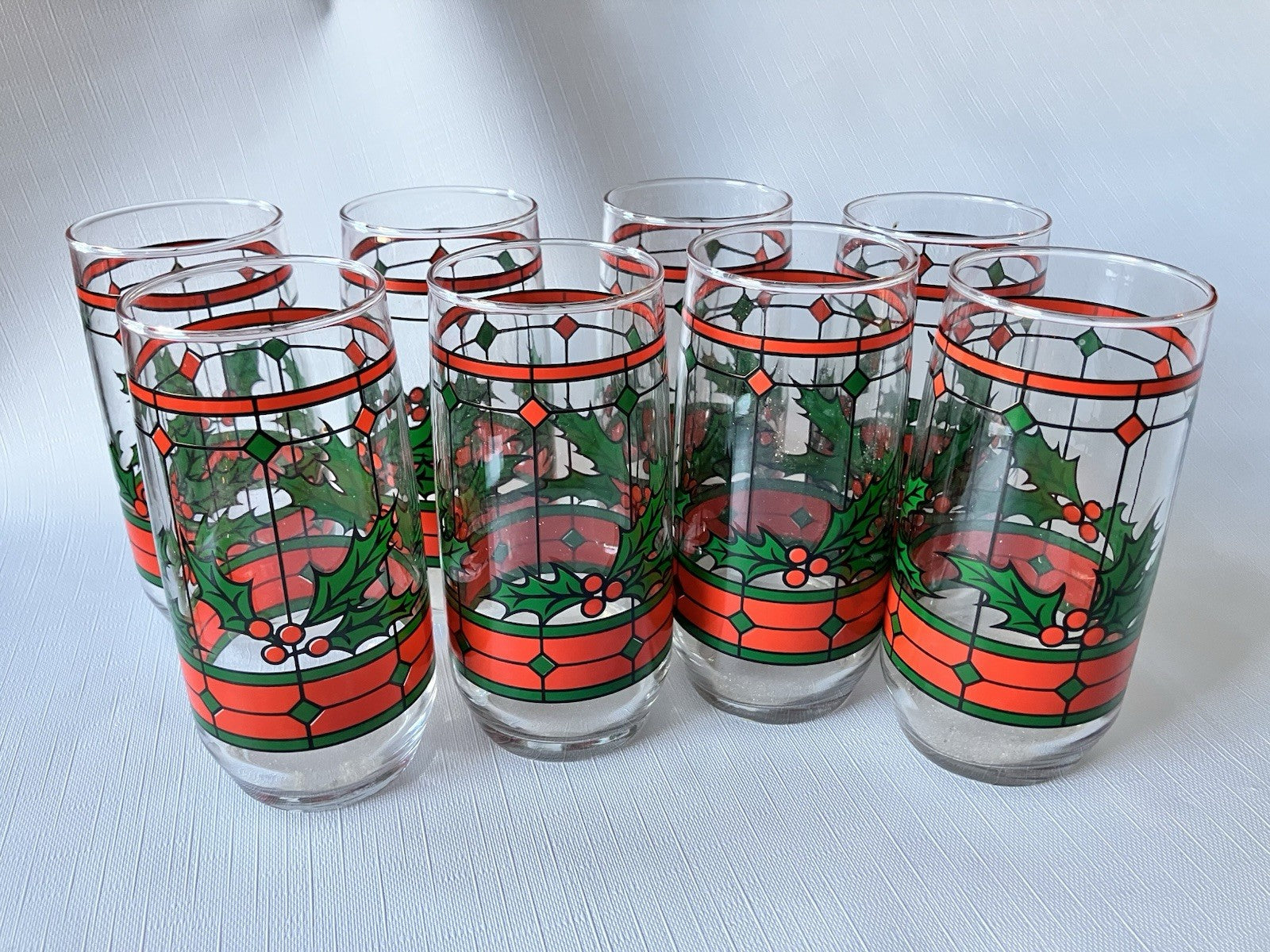 Vintage Anchor Hocking Holly Diamond Christmas Glasses Set Of 8. EVC