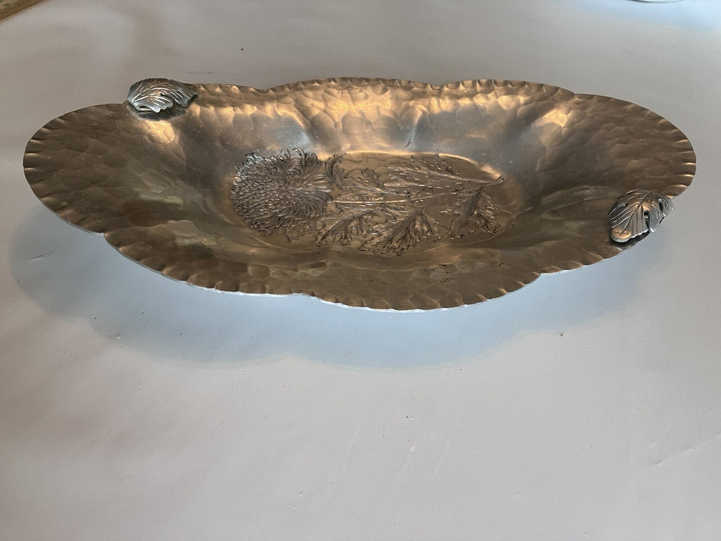 Vtg Continental Trademark Hand Wrought Aluminum Oval Tray Floral Scalloped Edge
