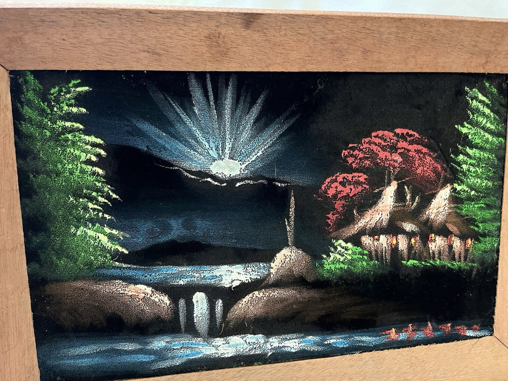 1970’s Vintage Black Velvet Painting With Homemade Wooden Frame 18x12” No. Maine