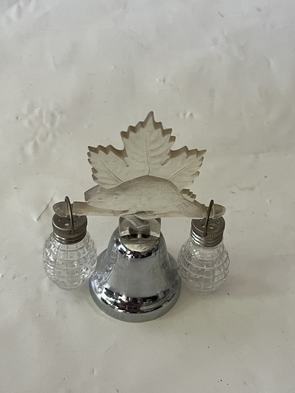 Vintage Silver Toned/Clear Lucite Souvenir Salt/Pepper Shakers W/ Bell Stand (3)