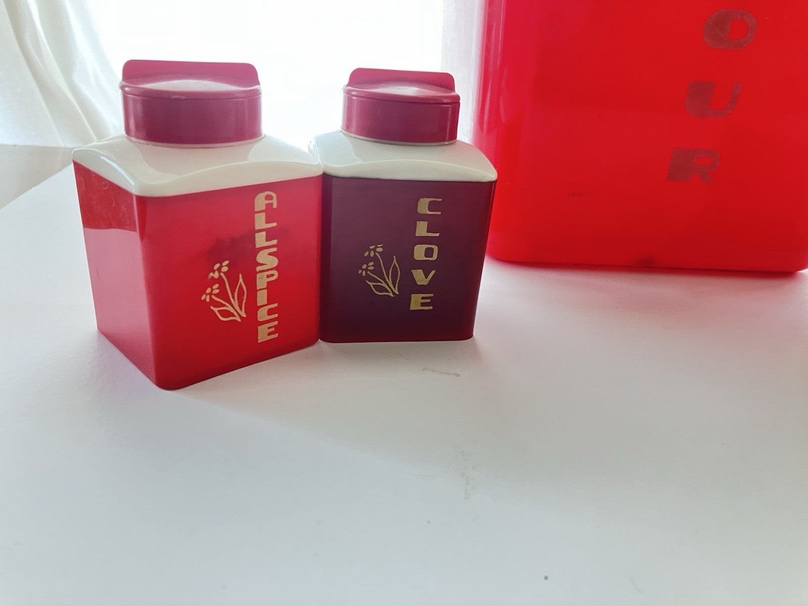 Vintage Red Lusterware Flour And Dupal Plastics Inc. Spices Lot 1950/Art Deco